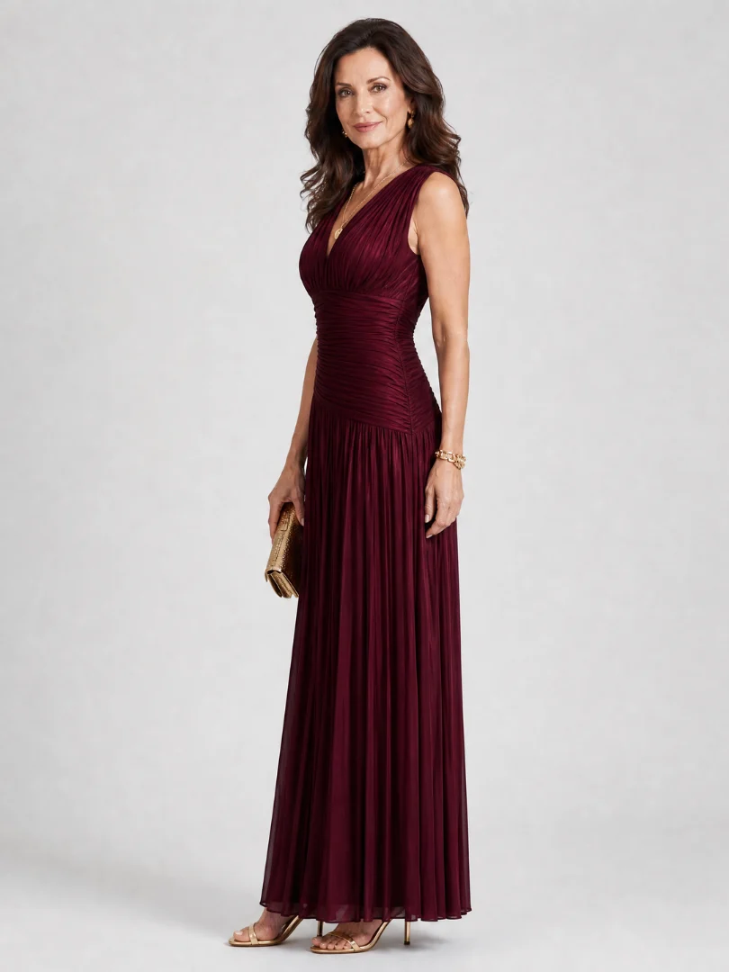 Merryn | Women's Pleated Sleeveless Ruched Burgundy Maxi Evening Dress