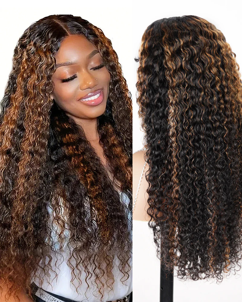 Ophirawig V-Part Lace Glueless Auburn Highlights on Black Hair Jerry Curly Wig Invisi Drawstring Clip & Go