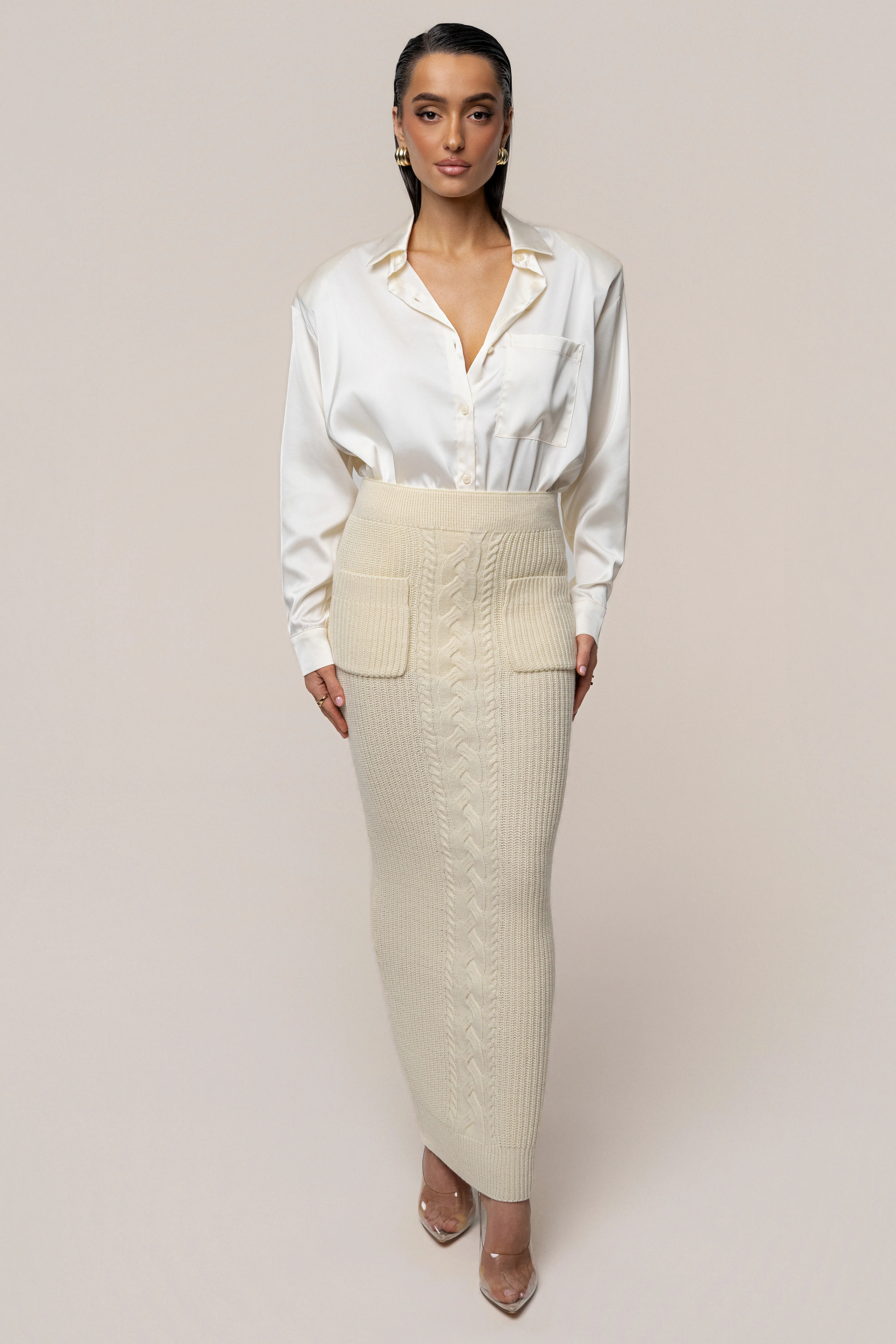Cream Missy Cable Sweater Midi Skirt