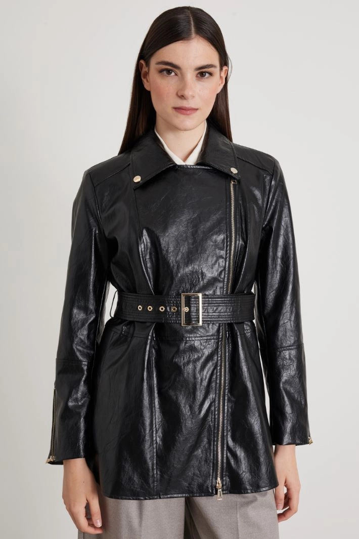 BIker jacket with belt - BLACK