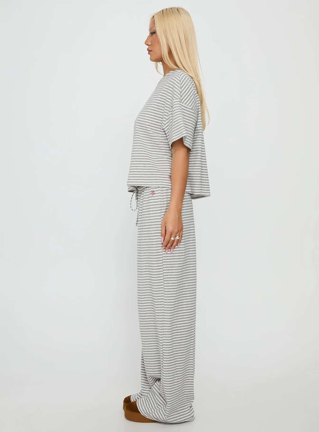 Tobie Off Shoulder Sleep Set Grey Stripe