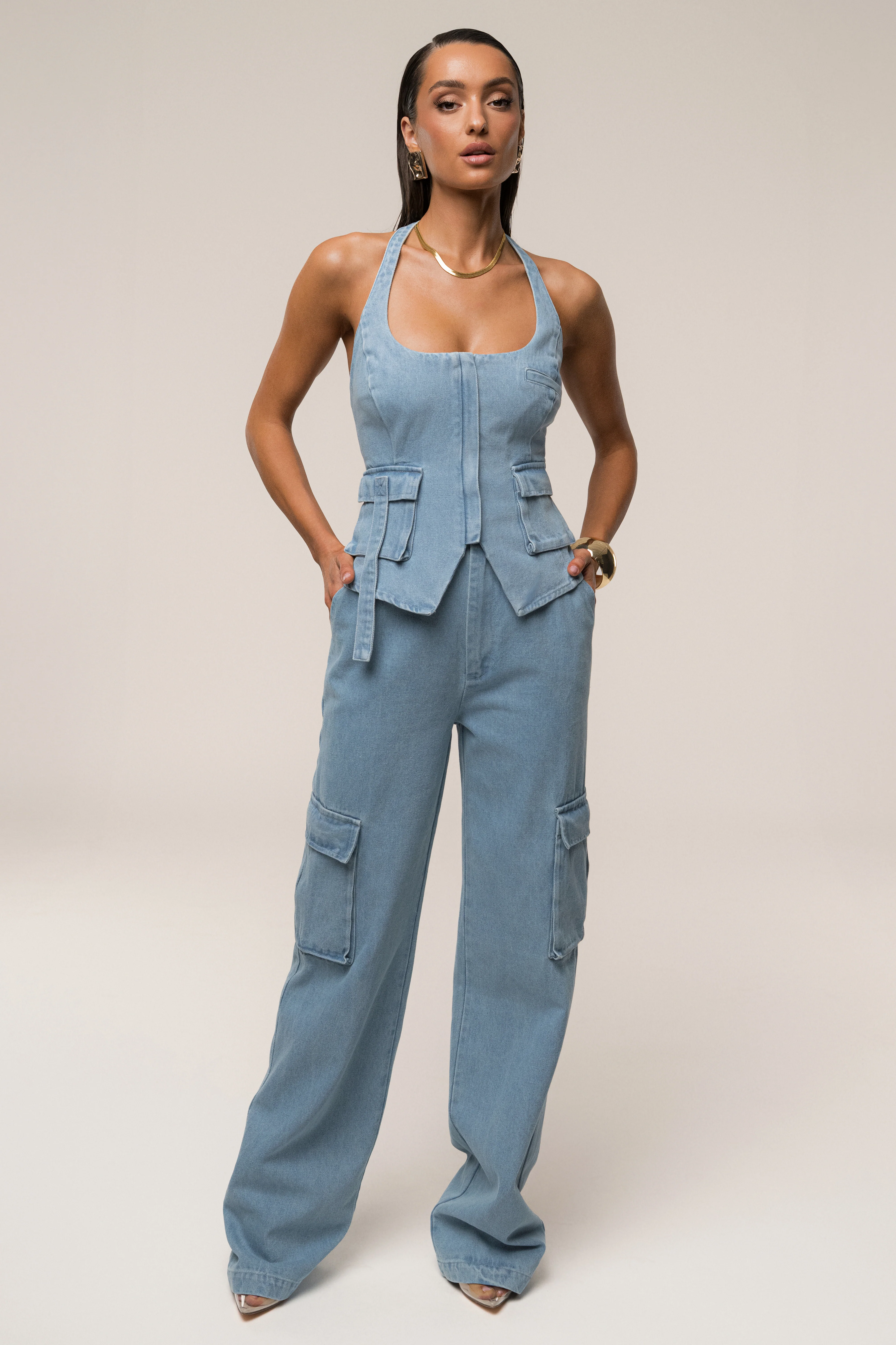 Medium Wash Denim Utility Cargo Pants