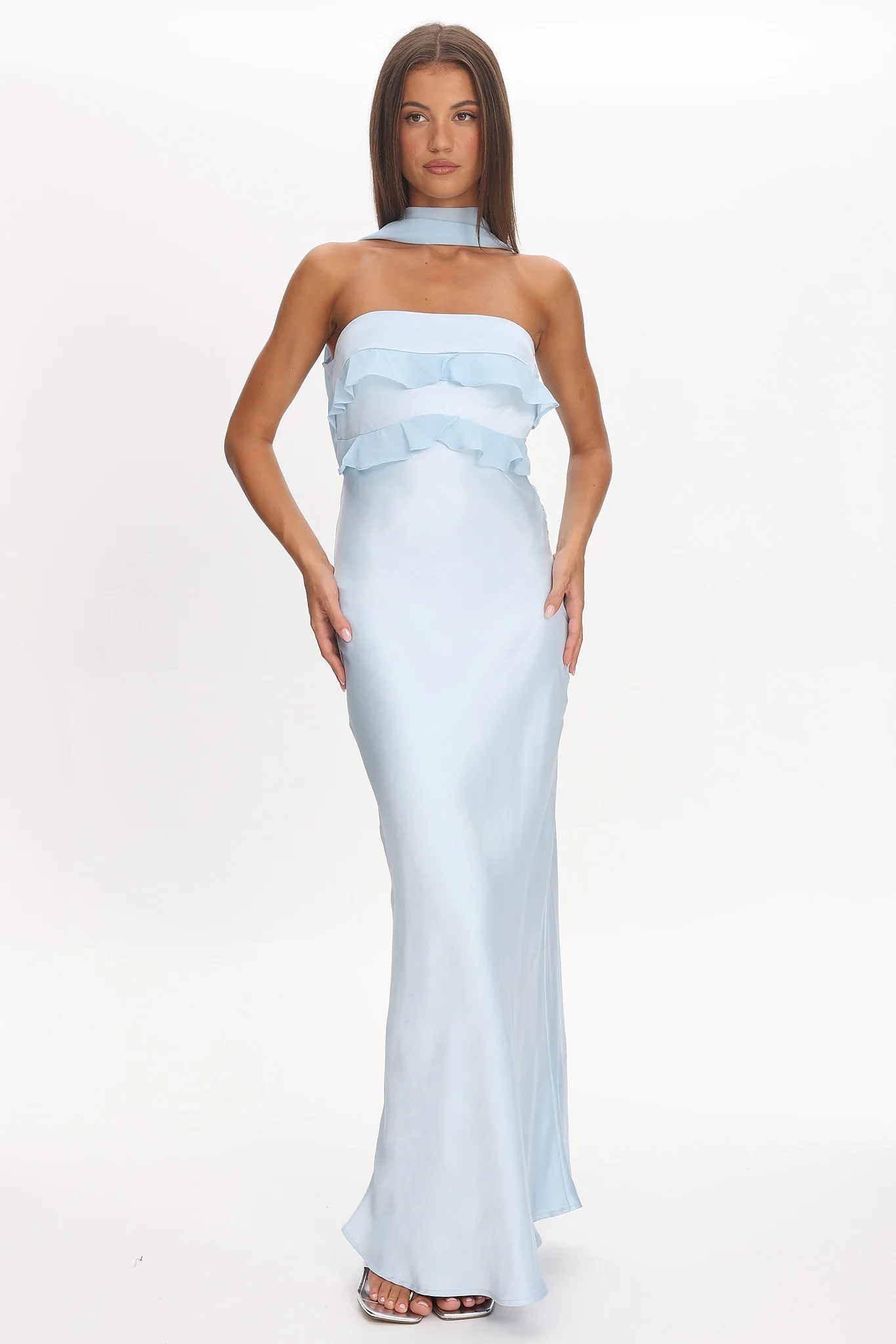 Damsel Reverse Halter Frill Trim Maxi Dress Baby Blue