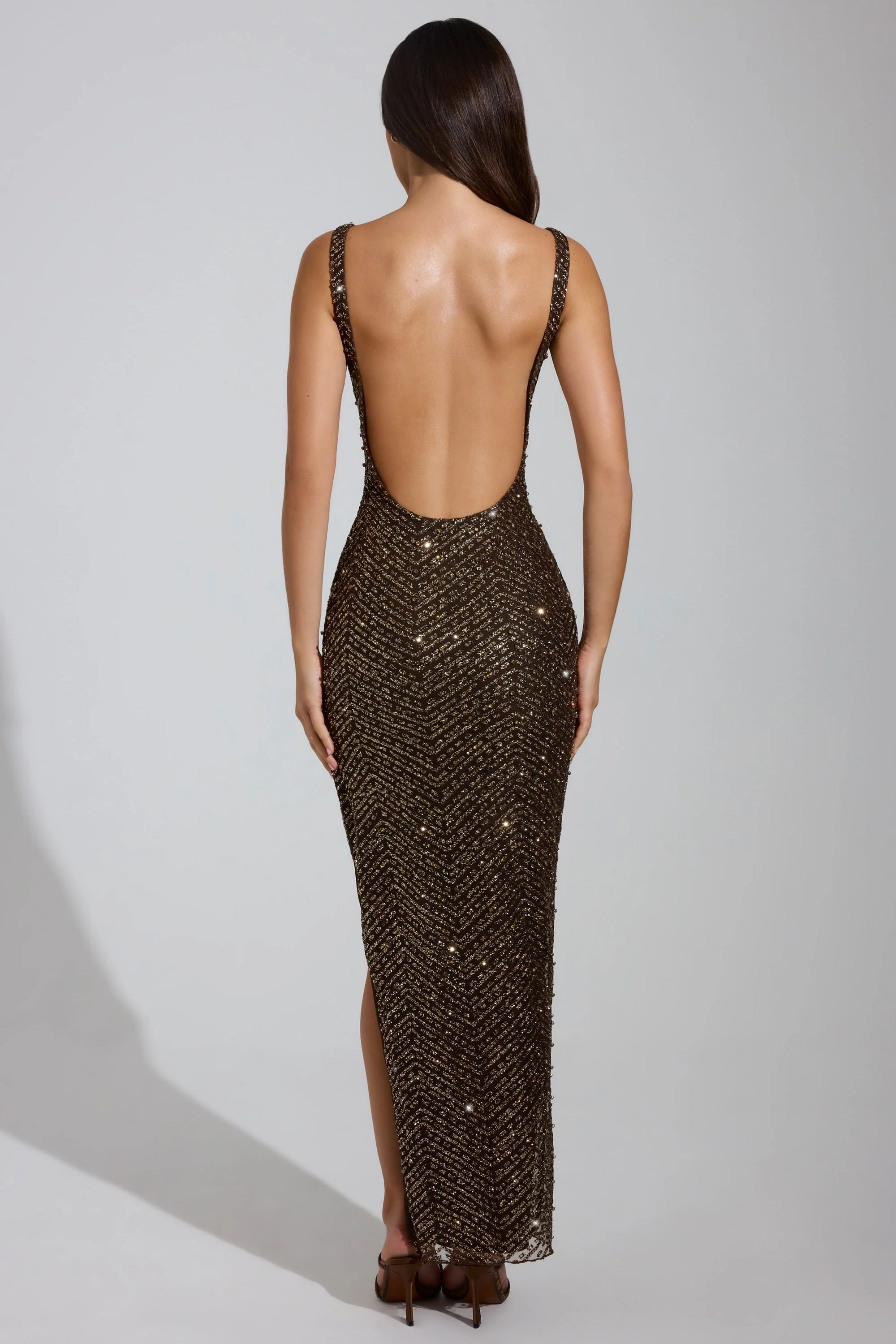 Embellished Scoop-Neck Thigh-Split Maxi Dress in Brown