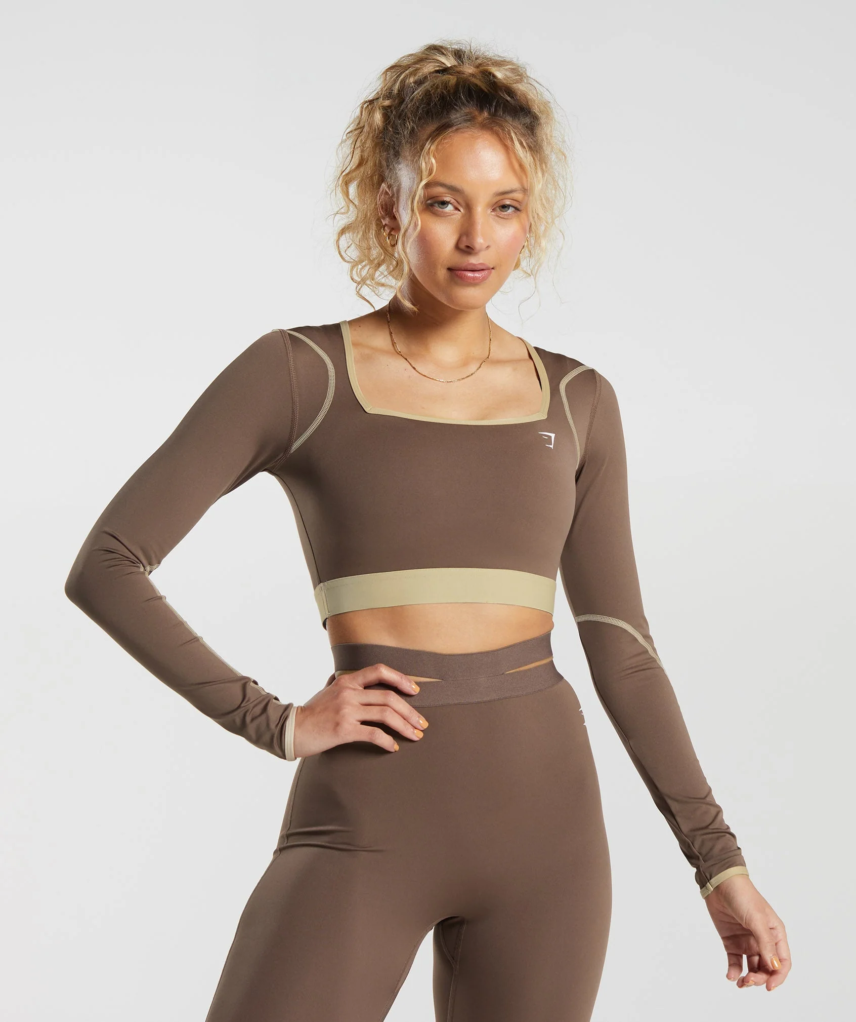Contrast Long Sleeve Crop Top Soft Brown/Desert Beige