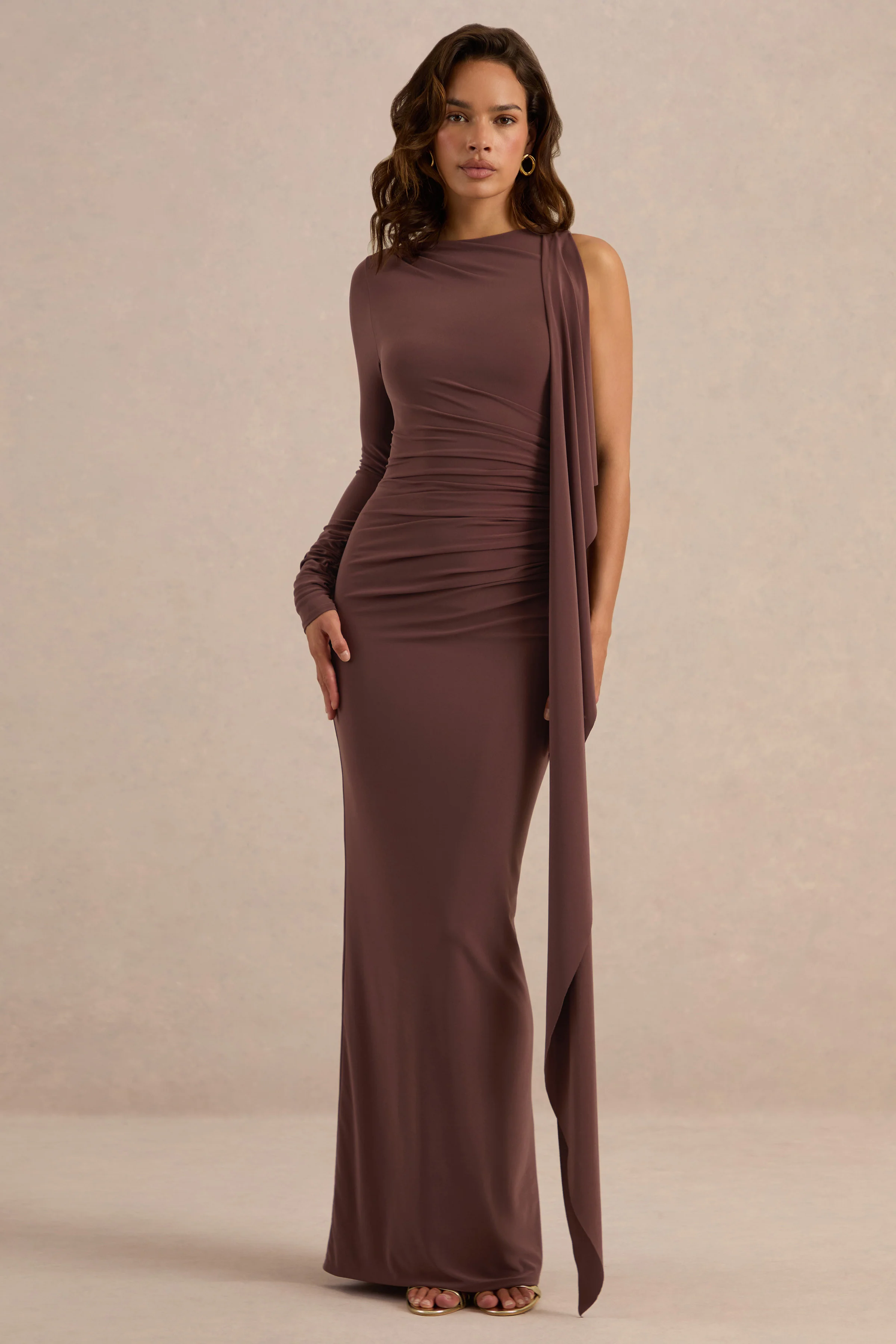 Epona | Dark Brown Jersey Boat Neck Long Sleeve Maxi Dress With Sash And Back Split