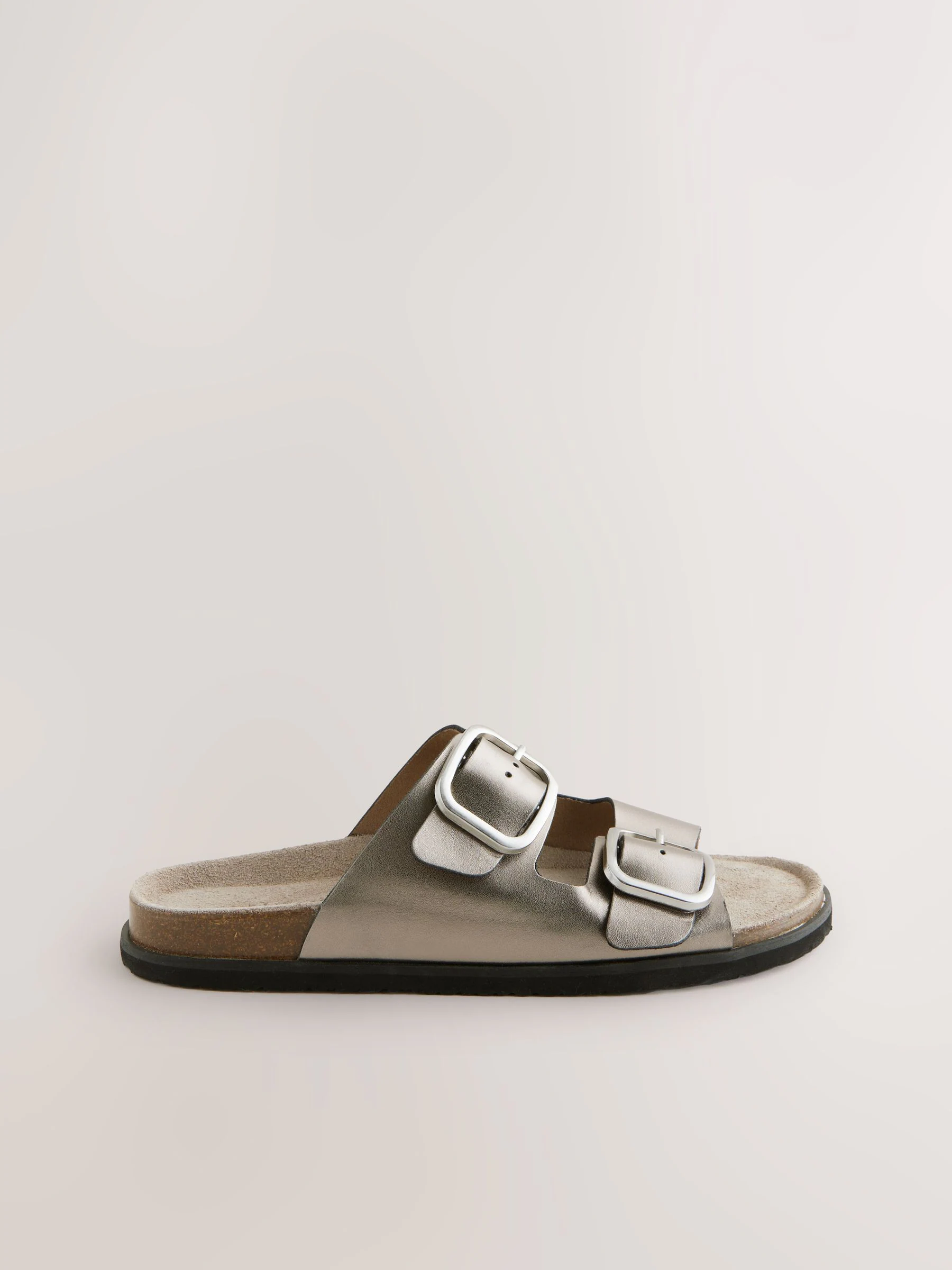 Silver Metallic Leather Standard Fit Double Strap Footbed Sandals