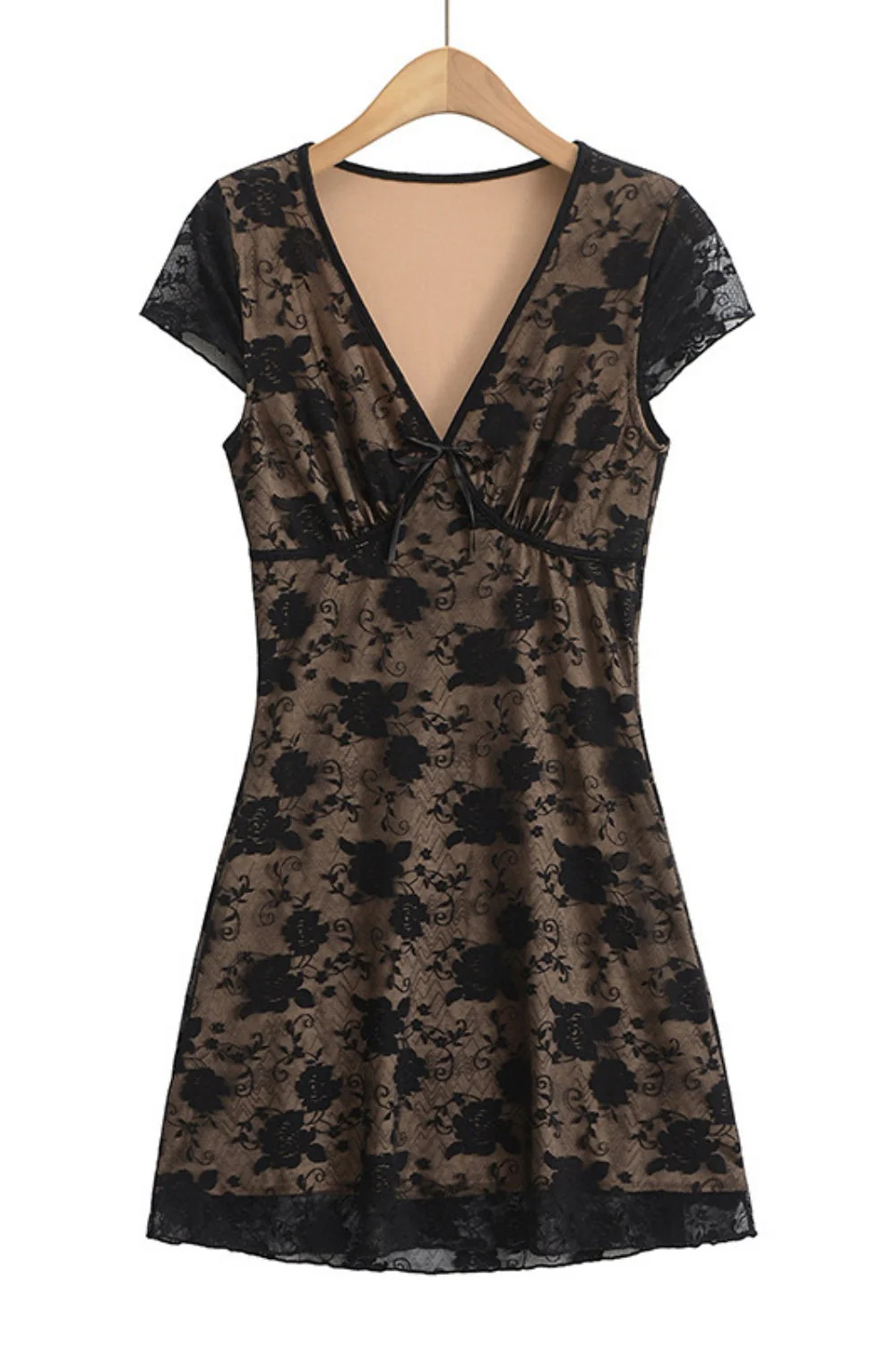 Beige Lace Flower Print Illusion Short Skirt