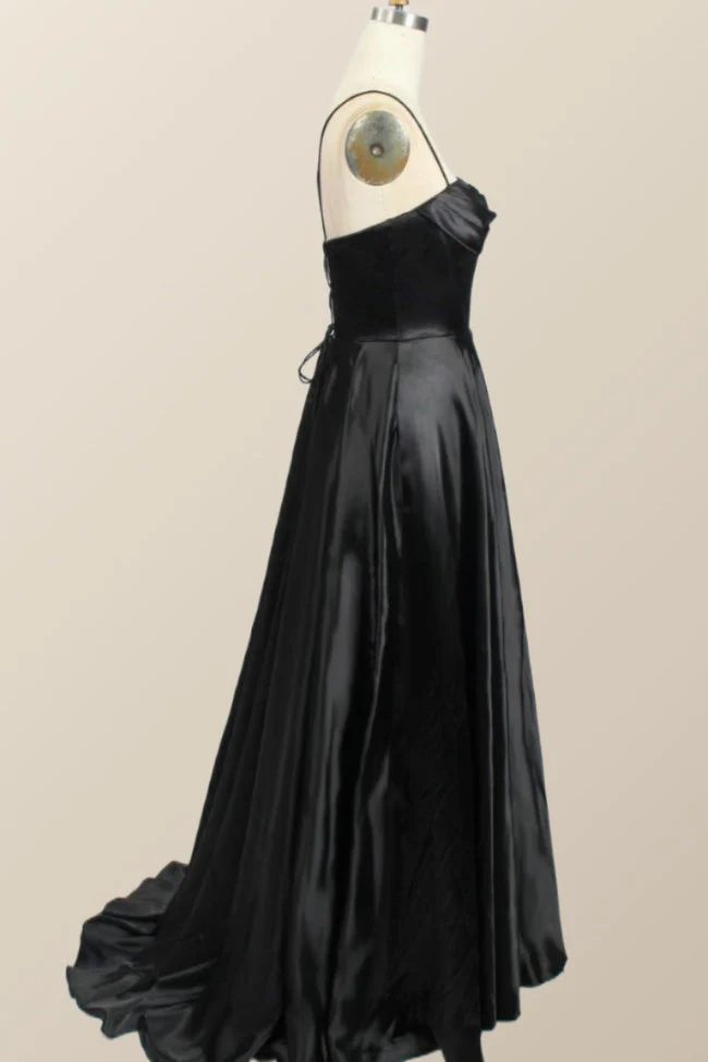 Black Satin A-line Cowl Neck Long Formal Dress