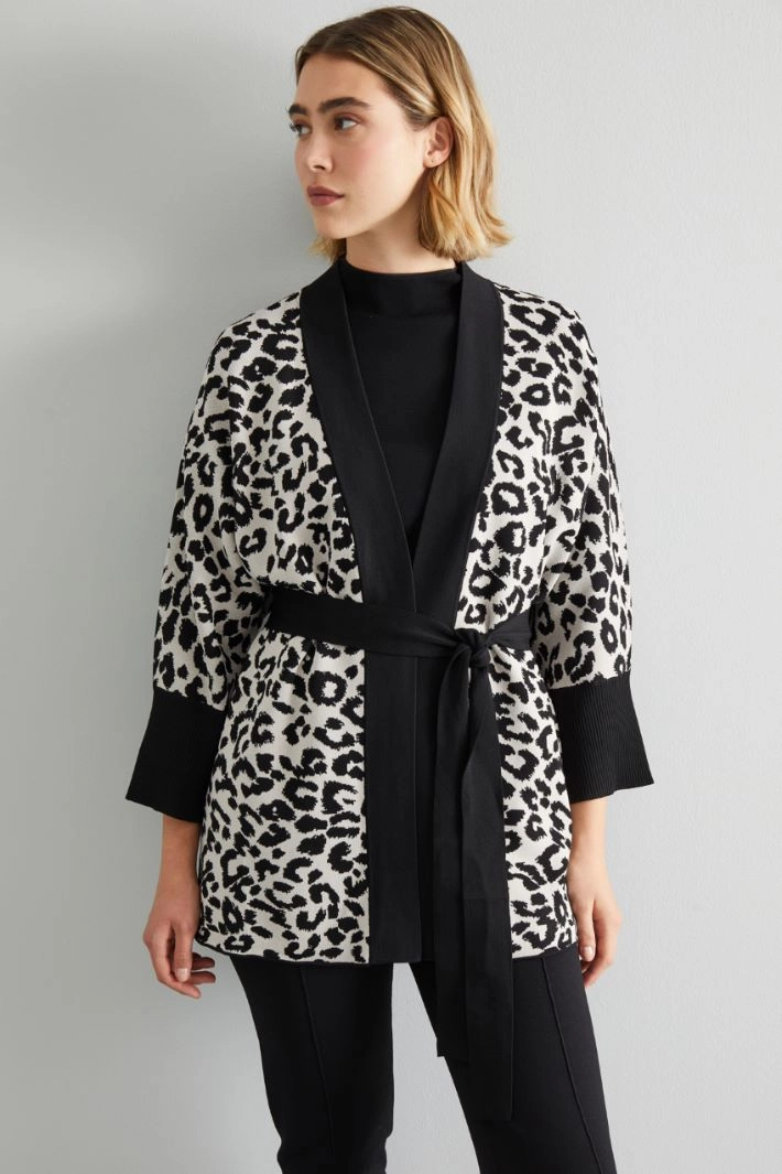 Viscose cardigan with belt - BLACK WHITE CREAM