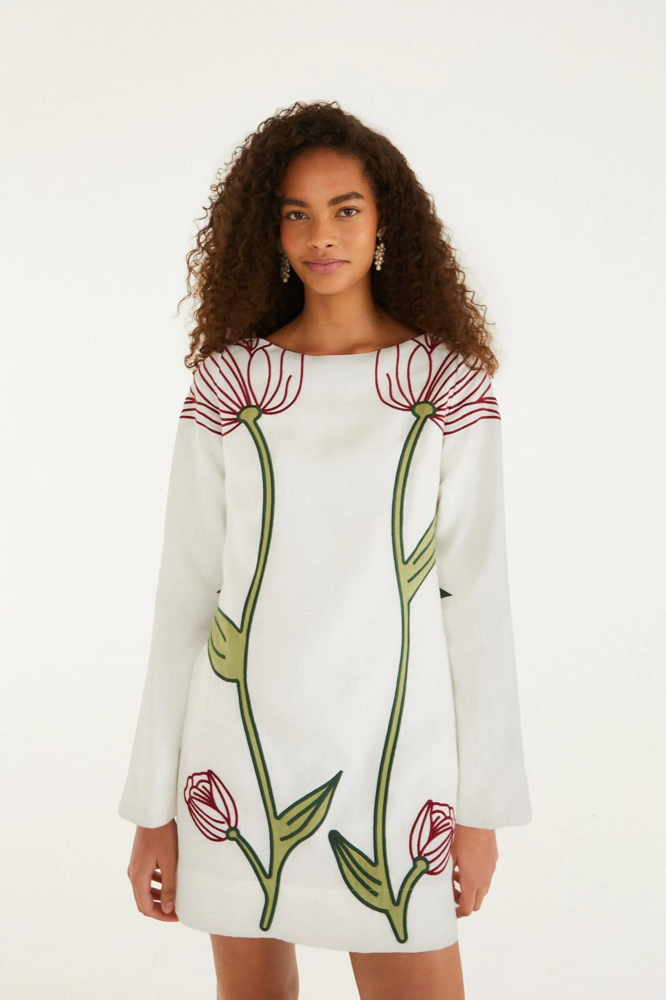 Off-White Flower Embroidered Long Sleeve Mini Dress