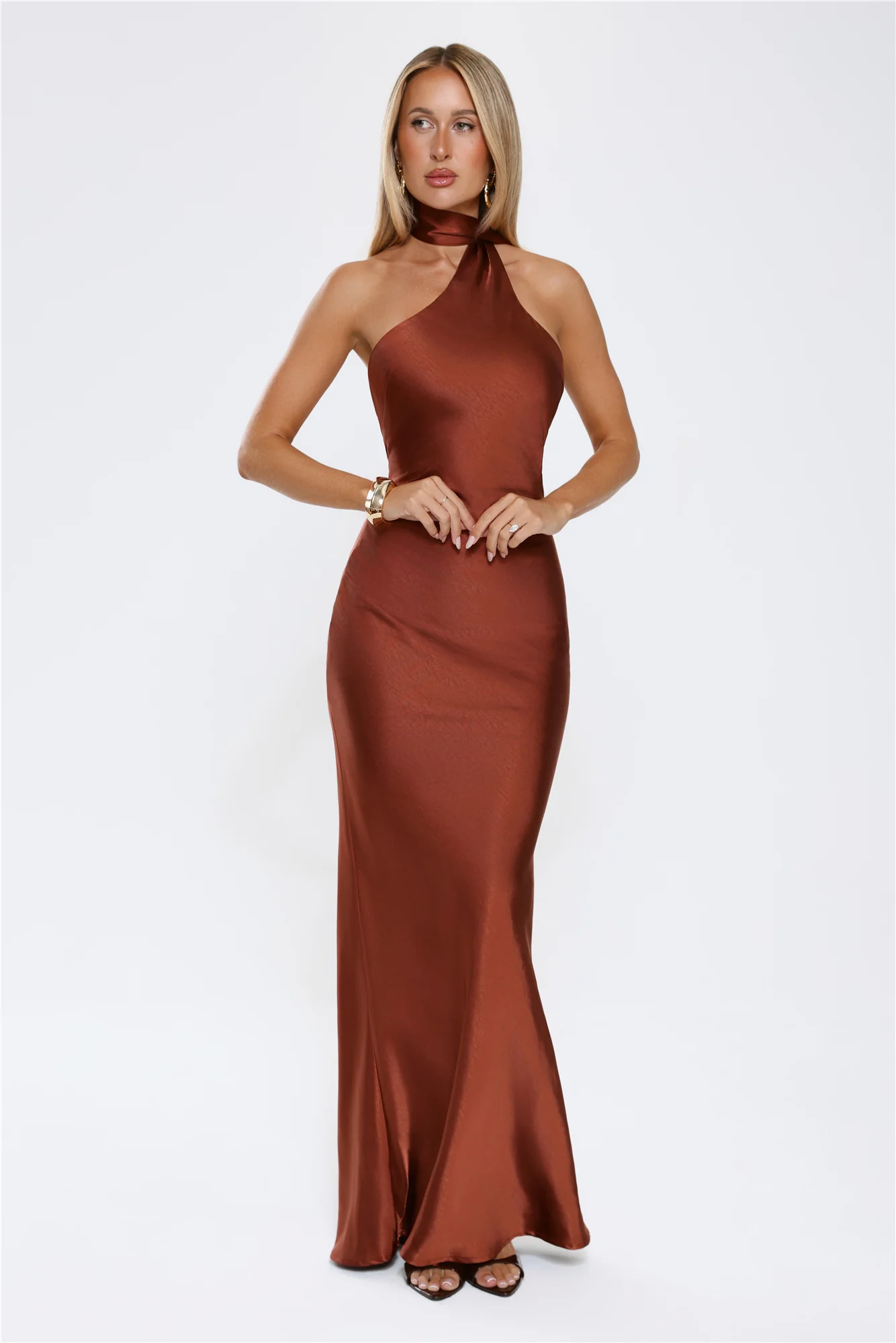 Cinnamon Glaze Halter Satin Maxi Dress Brown