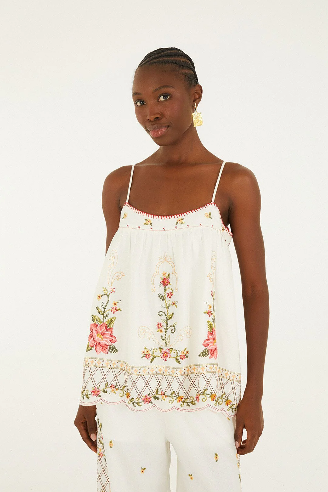 Off-White Flower Embroidery Open Back Sleeveless Blouse