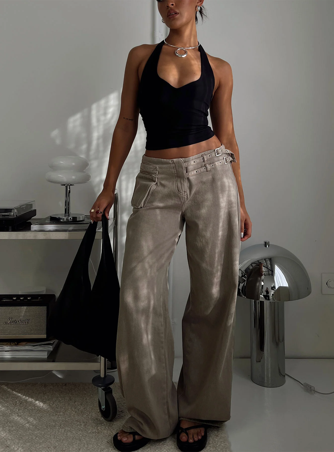 Paltrow Mid Rise Wide Leg Cargo Jeans Washed Brown Petite