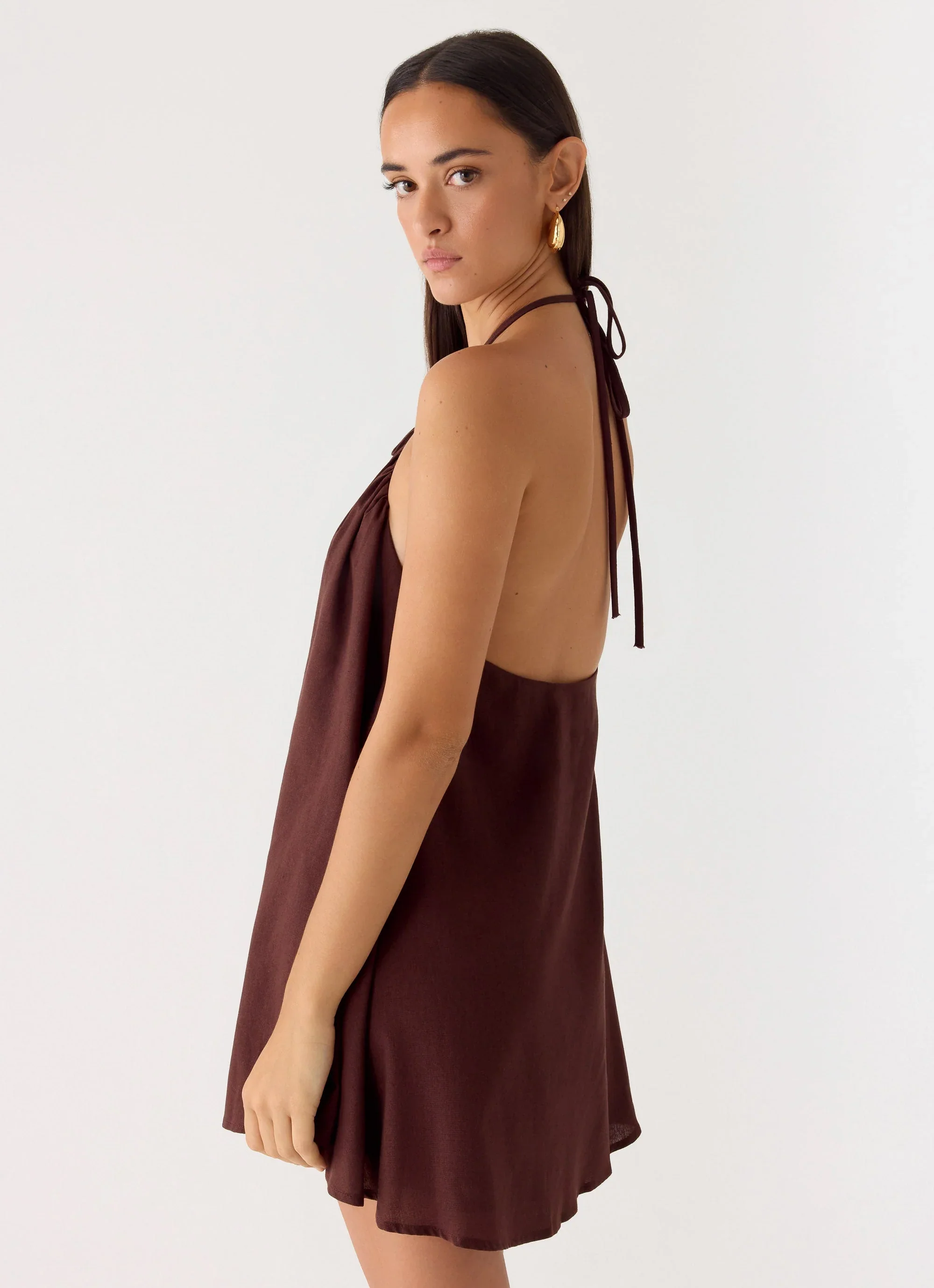 Soft Breeze Linen Mini Dress - Chocolate