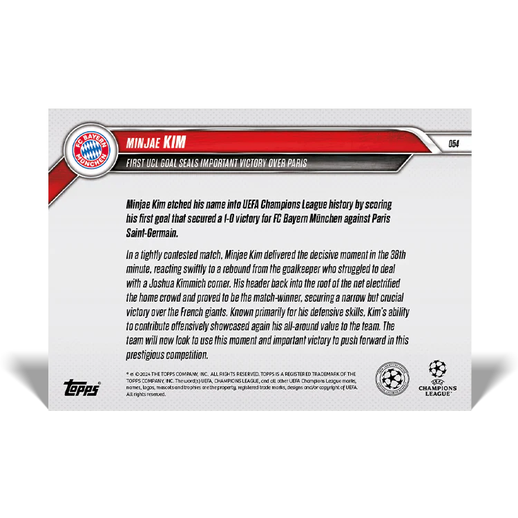 Min-jae Kim - First UCL goal seals important victory over Paris Saint-Germain - 24/25 UCC Topps NOW® Card 54