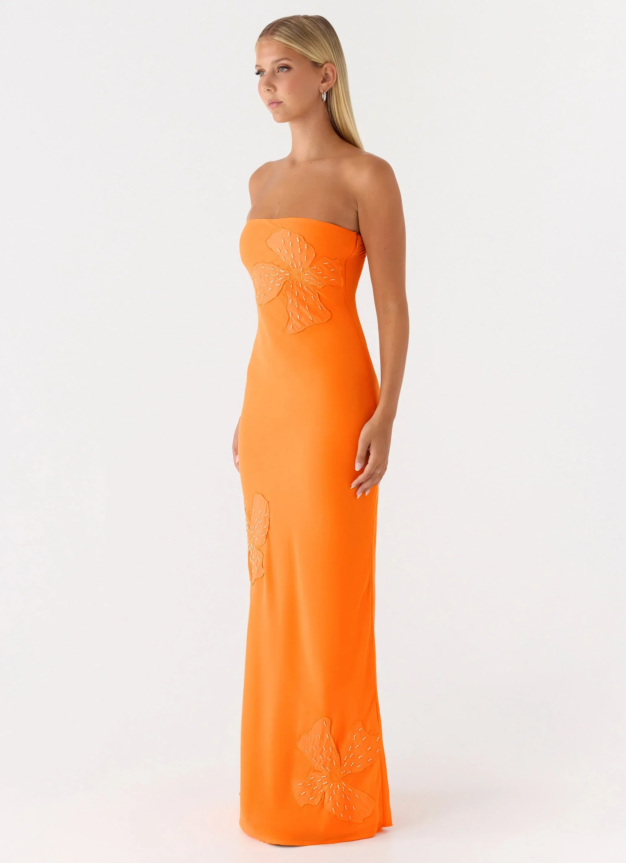 Sassafras Beaded Flower Strapless Maxi Dress - Orange