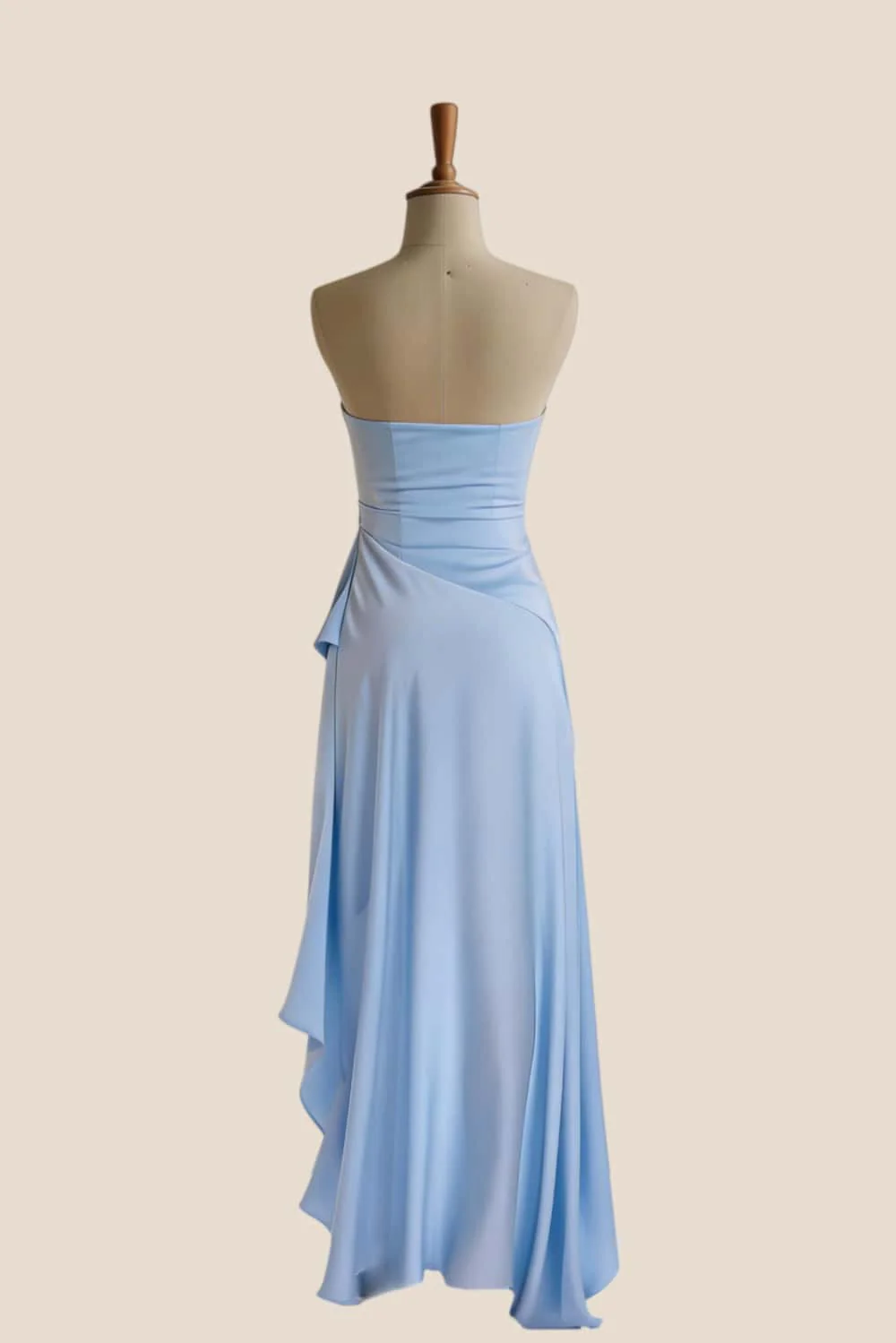 Sky Blue Strapless Ruched Slit Long Dress