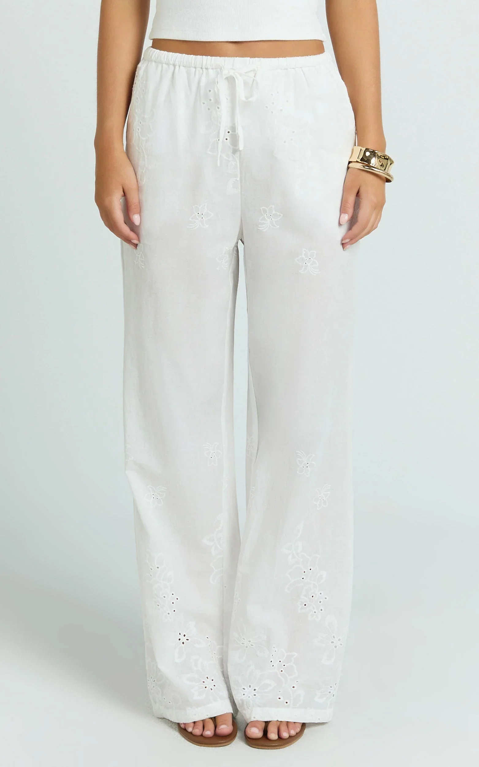 Carley Pants - Embroidered Relaxed Wide Leg Pants in White