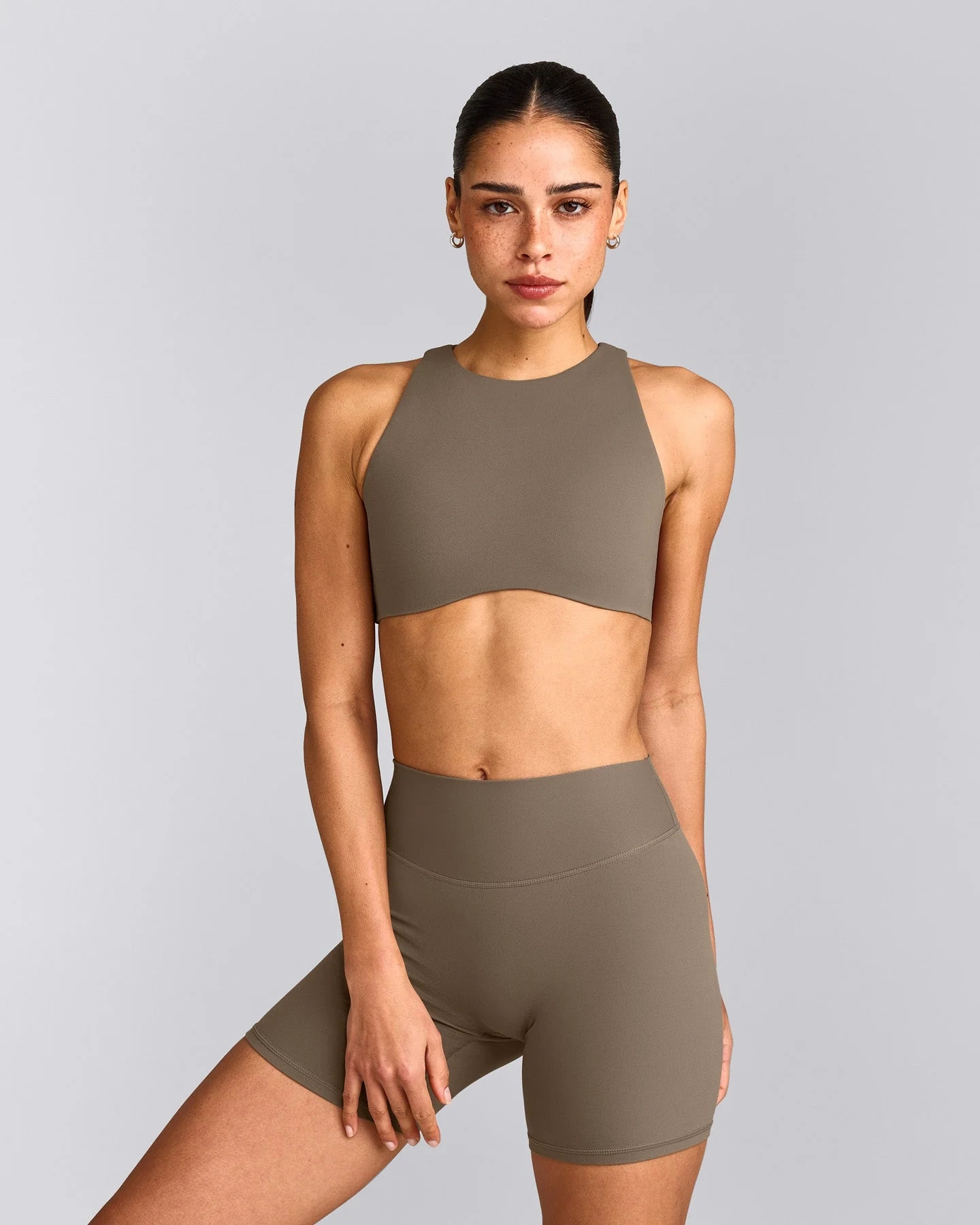 SoftMotion™ High Neck Sports Bra with Grey Logo | Moss Brown