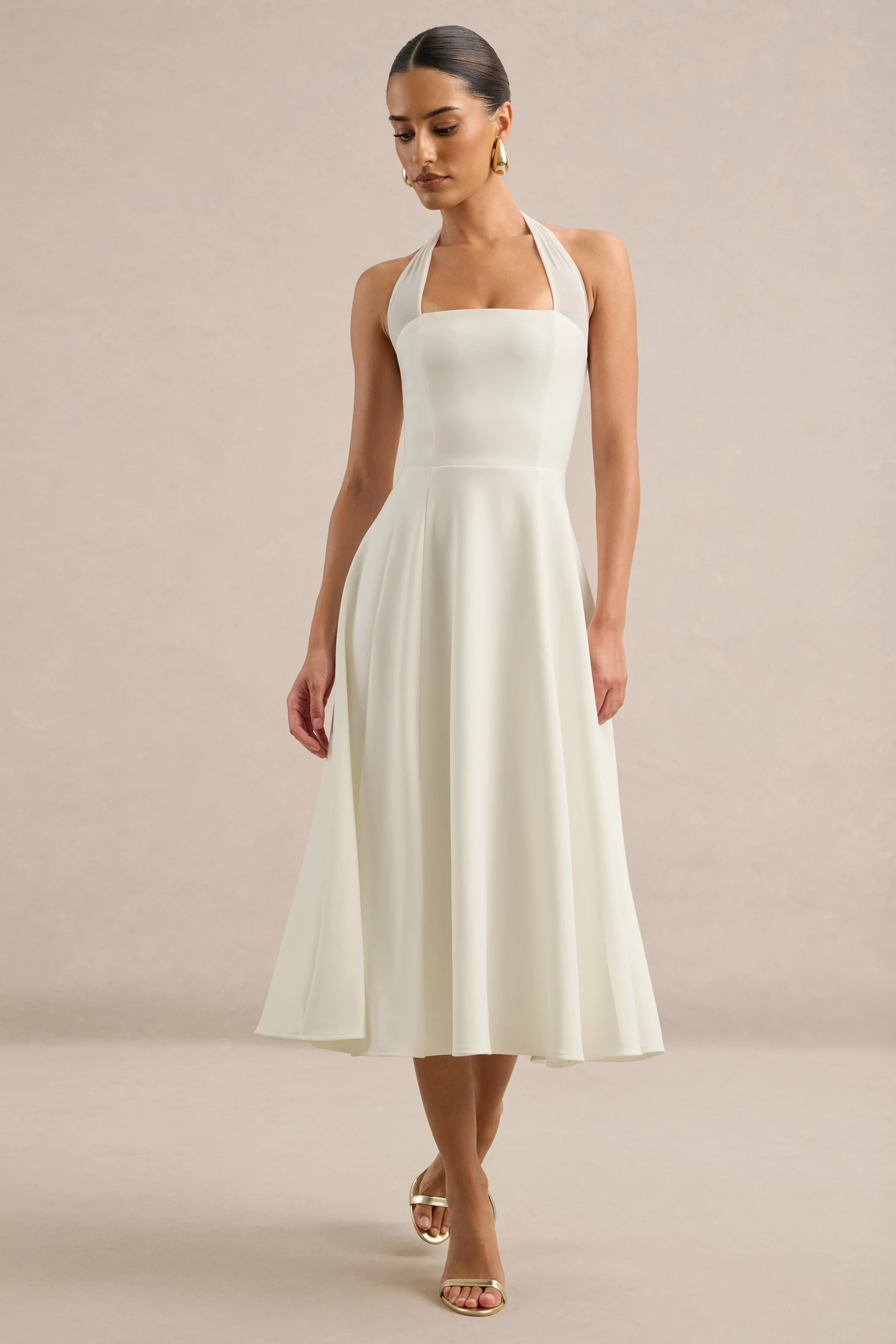 Auburn | White Halter A-Line Midi Dress With Mesh Tie Back Detailing