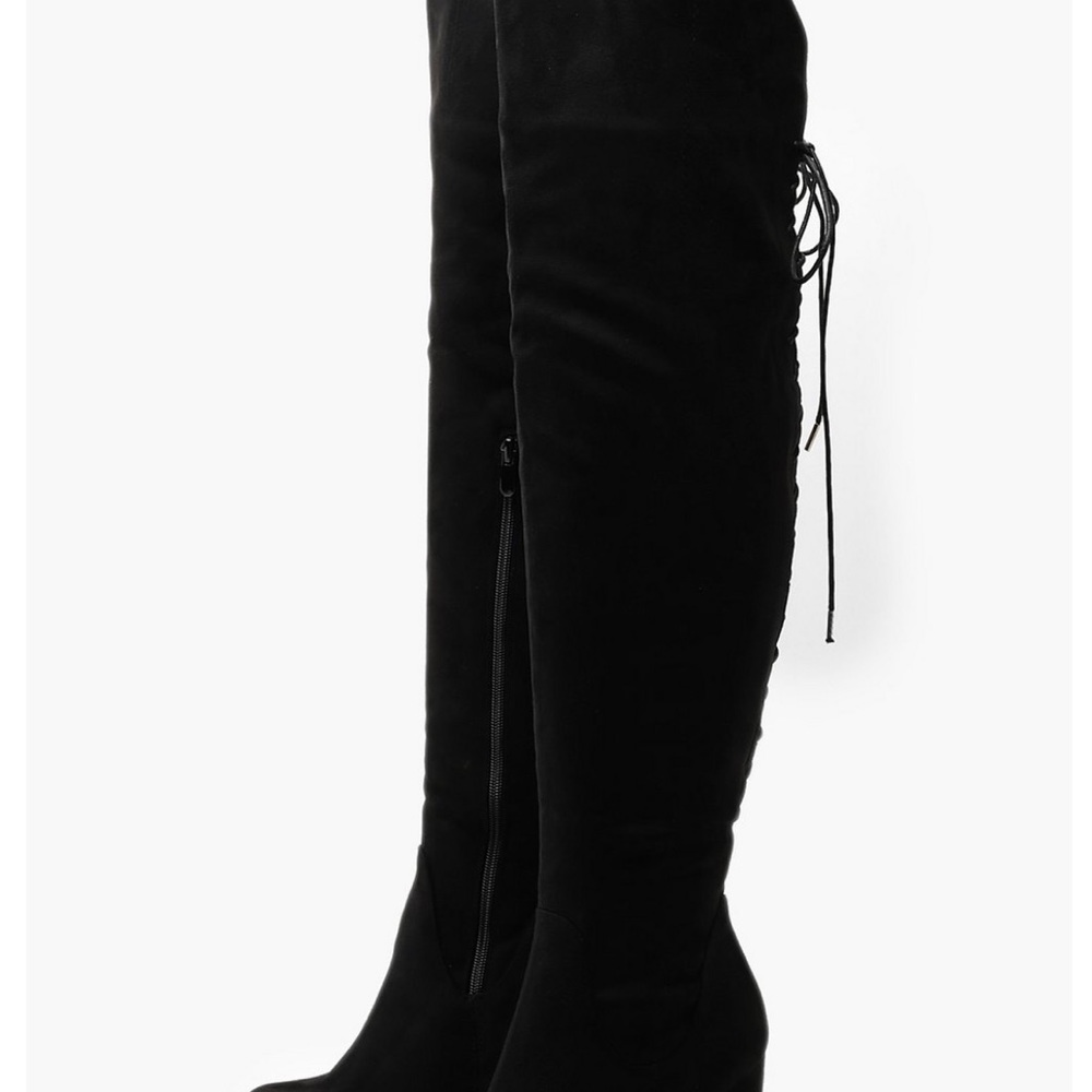 Lace Back Over The Knee Block Heeled Boots