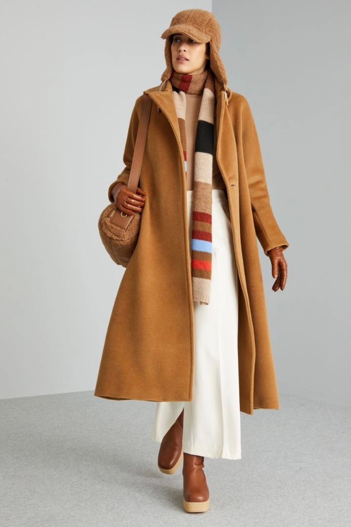 Coat in wool beaver with belt - CAMEL