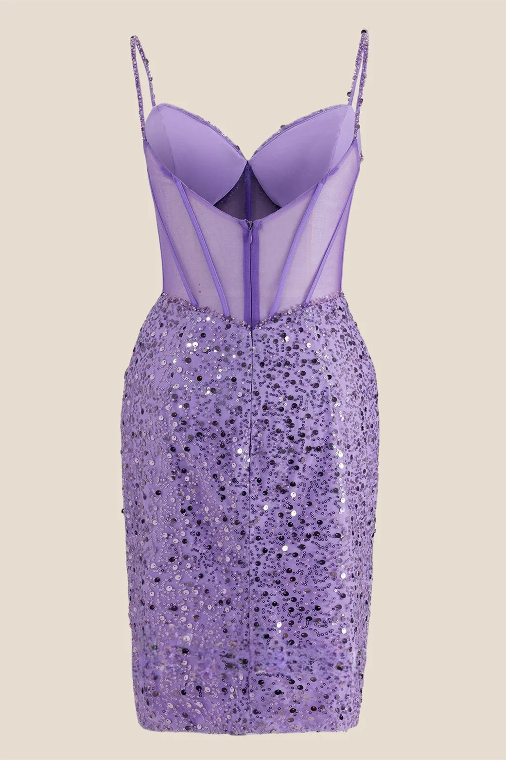 V-neck Lilac Sheer Bodice Sequin Short Dress