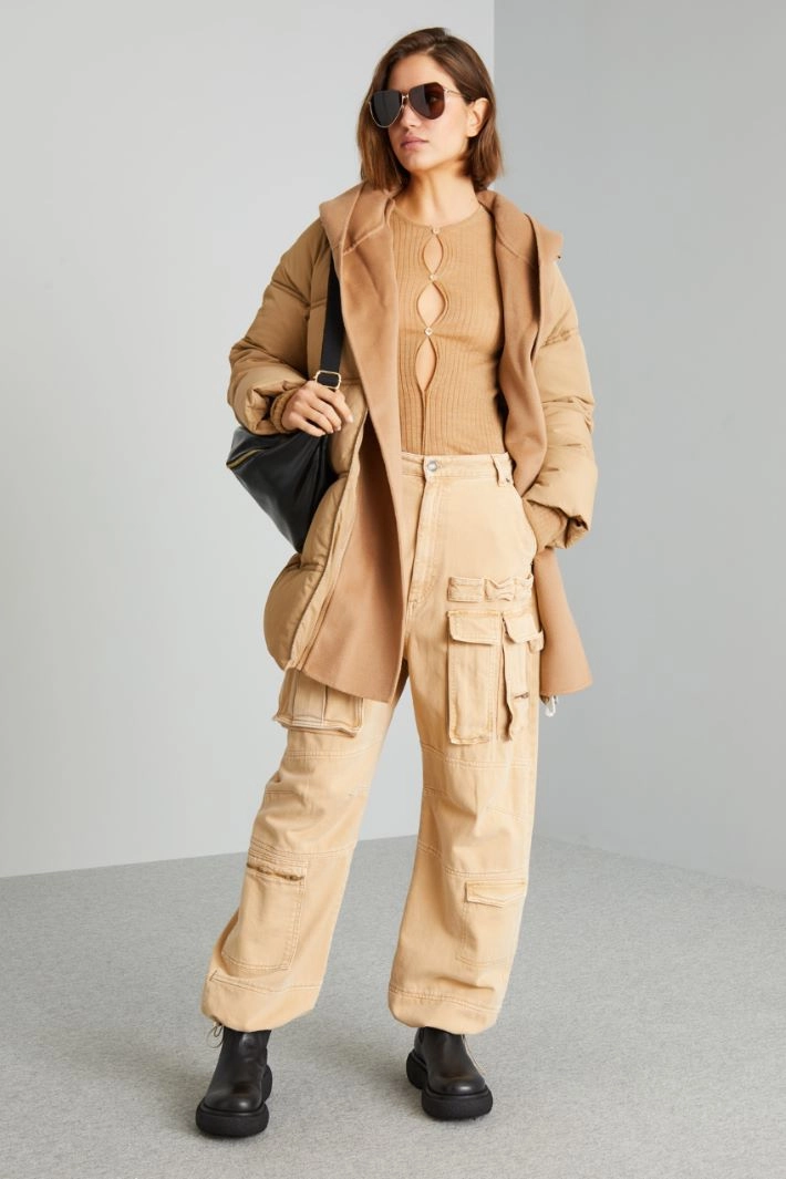 Puffer jacket with cloth inserts - CAMEL