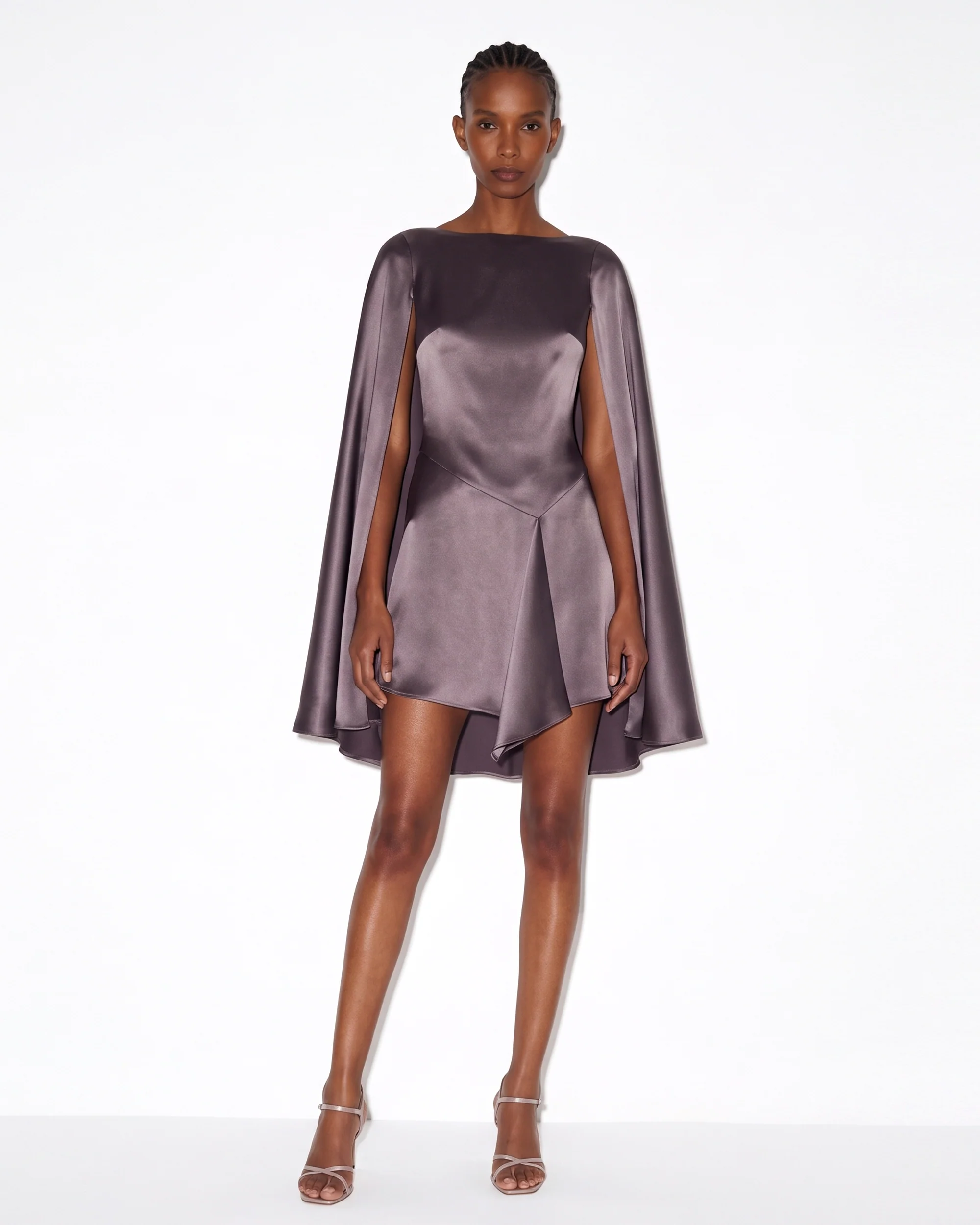 Satin Cape-Sleeve Asymmetric Mini Dress - Mauve
