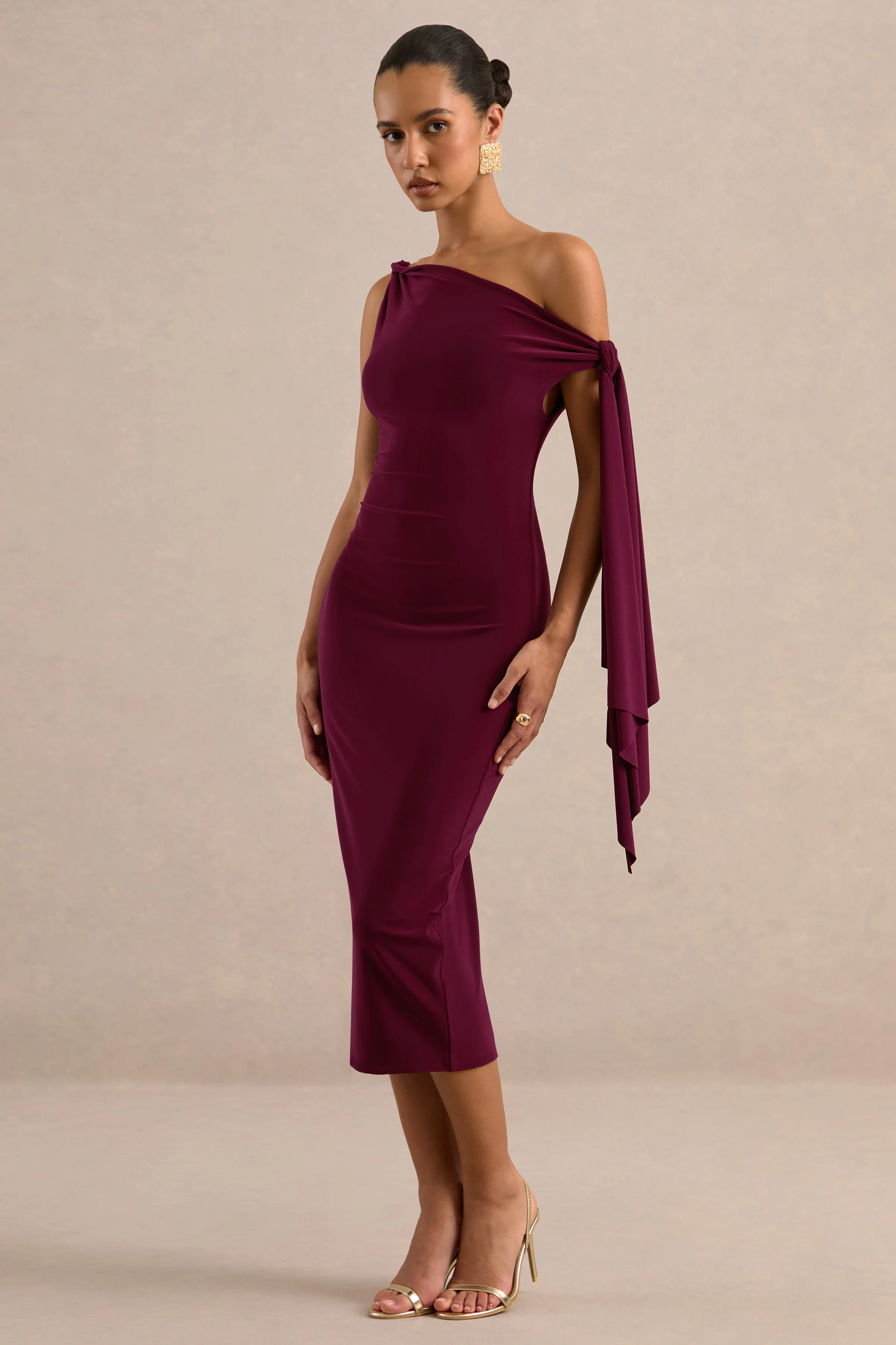 Arcelia | Burgundy Jersey One Shoulder Midi Dress With Twist And Knot Sash Detailing