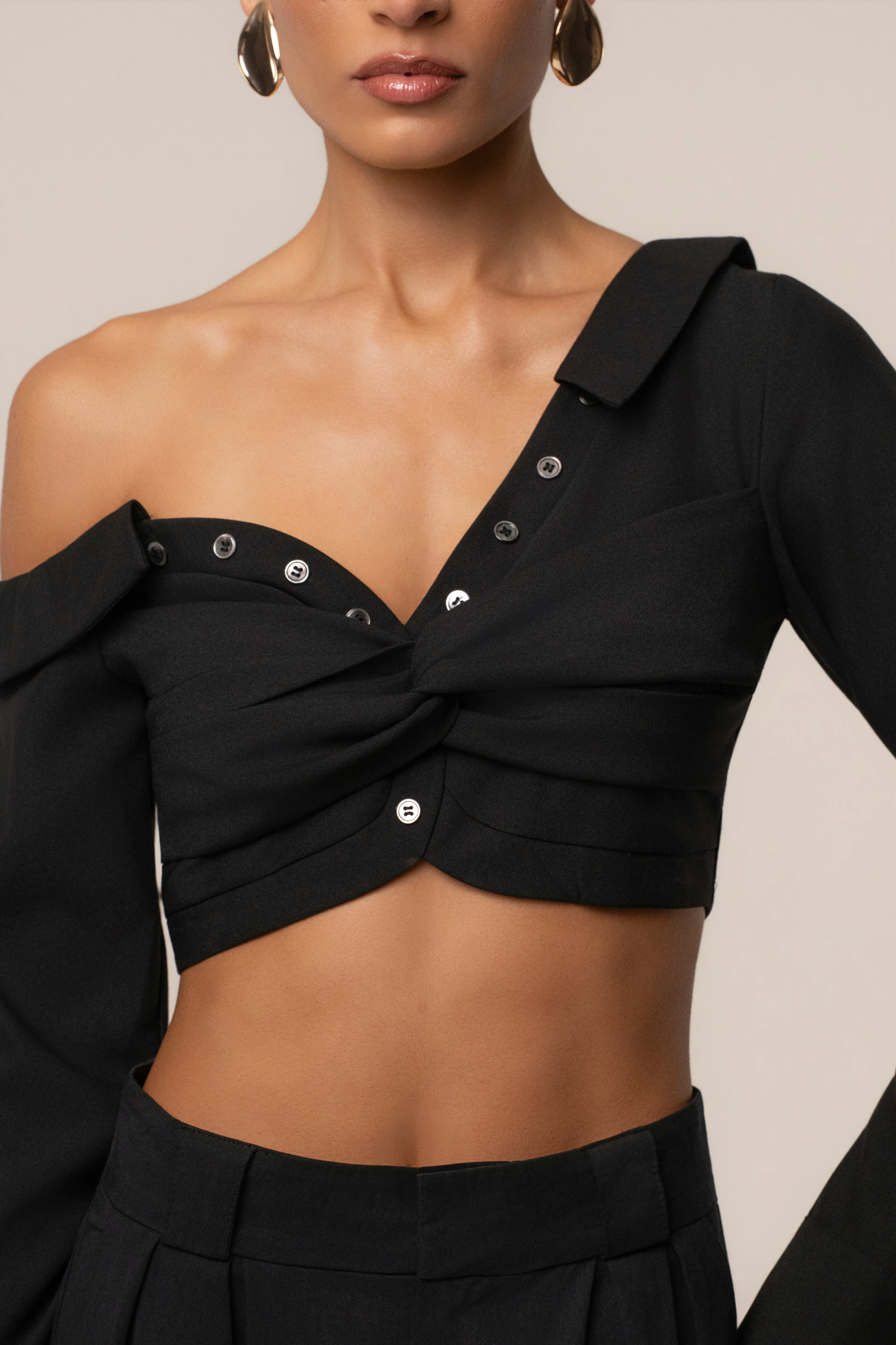 Black Off-Shoulder Twist Crop Top