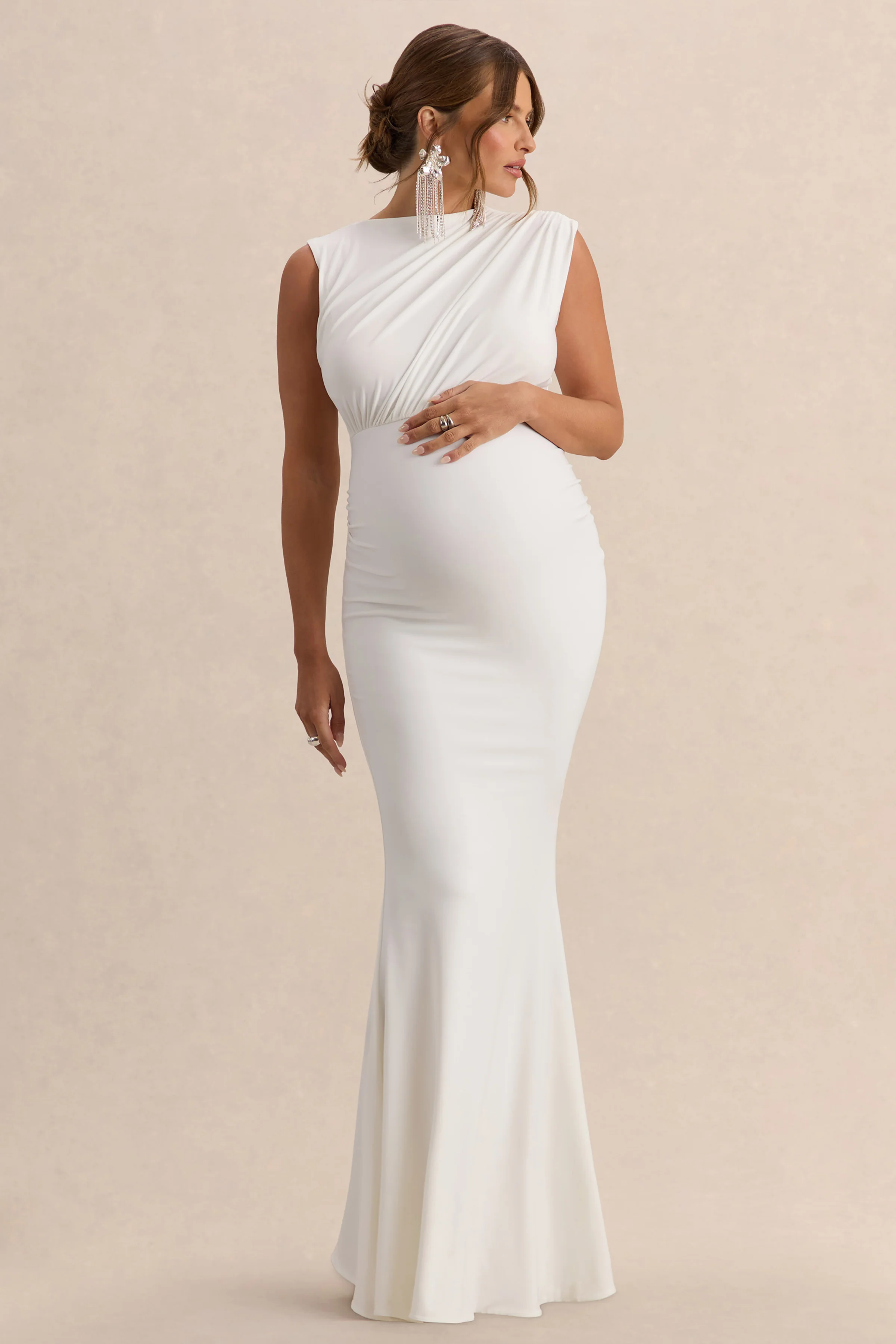 Osanna | White Wide-Neck Maternity Maxi Dress With Ruched Detailing