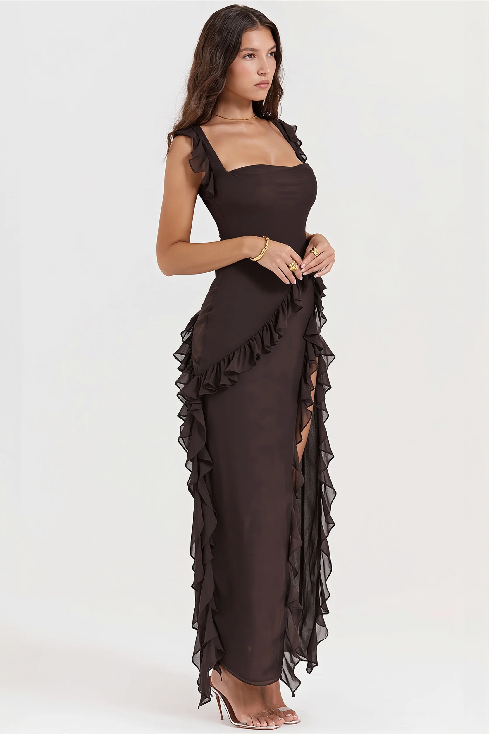 Ribbon Ruffle Splice Slit Maxi Dress