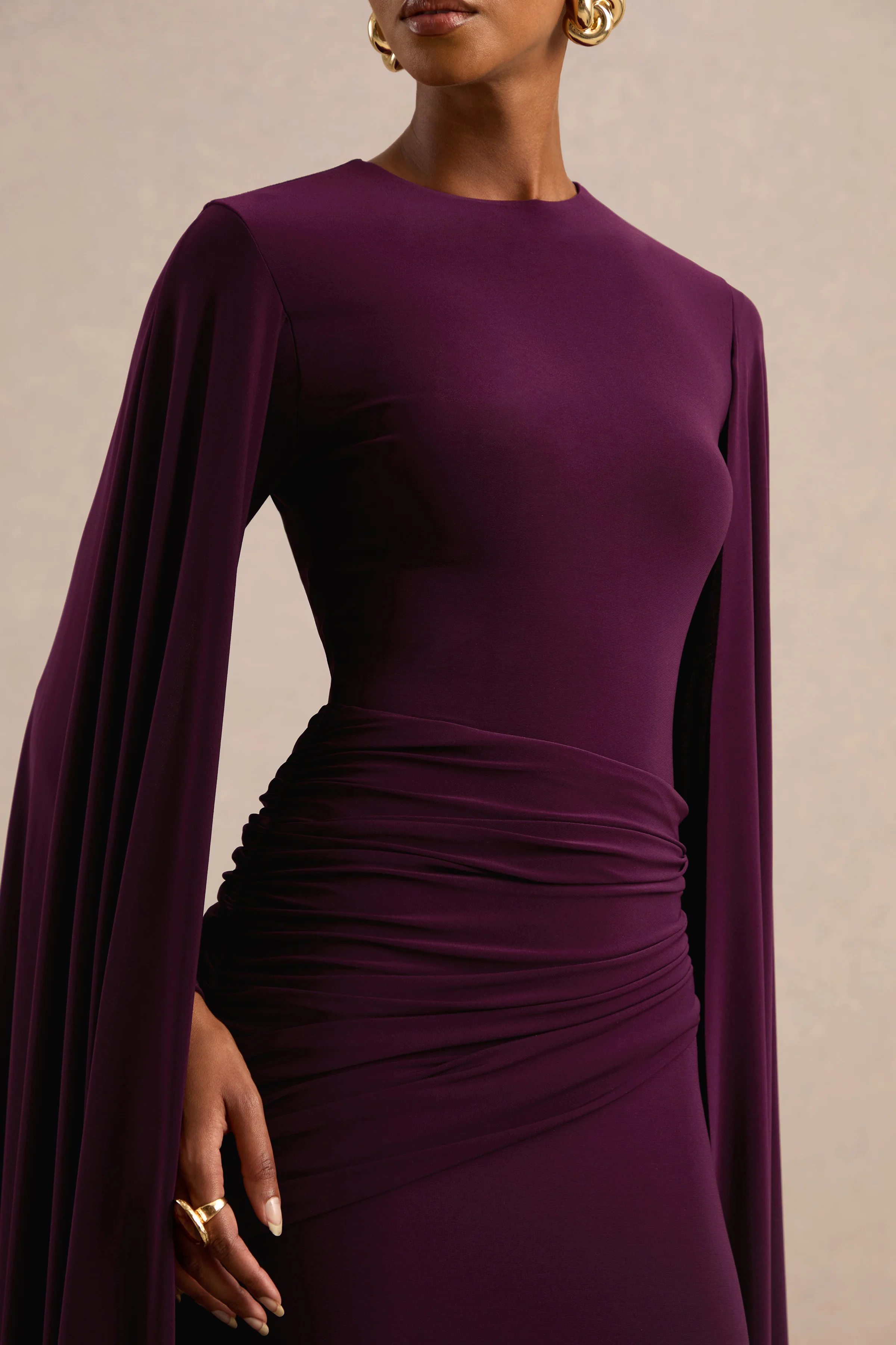 Sonaria | Purple Jersey Round Neck Long Sleeve Maxi Dress With Cape Sleeves And Draped Detailing