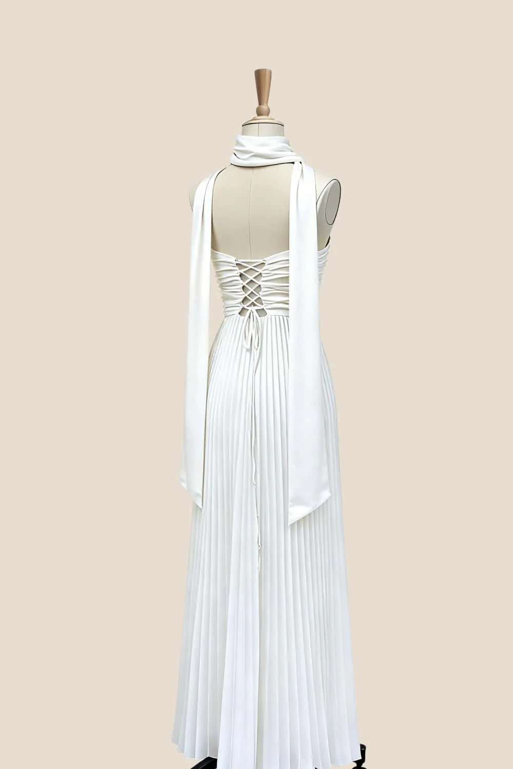 Empire White Pleated Maxi Scarf Dress