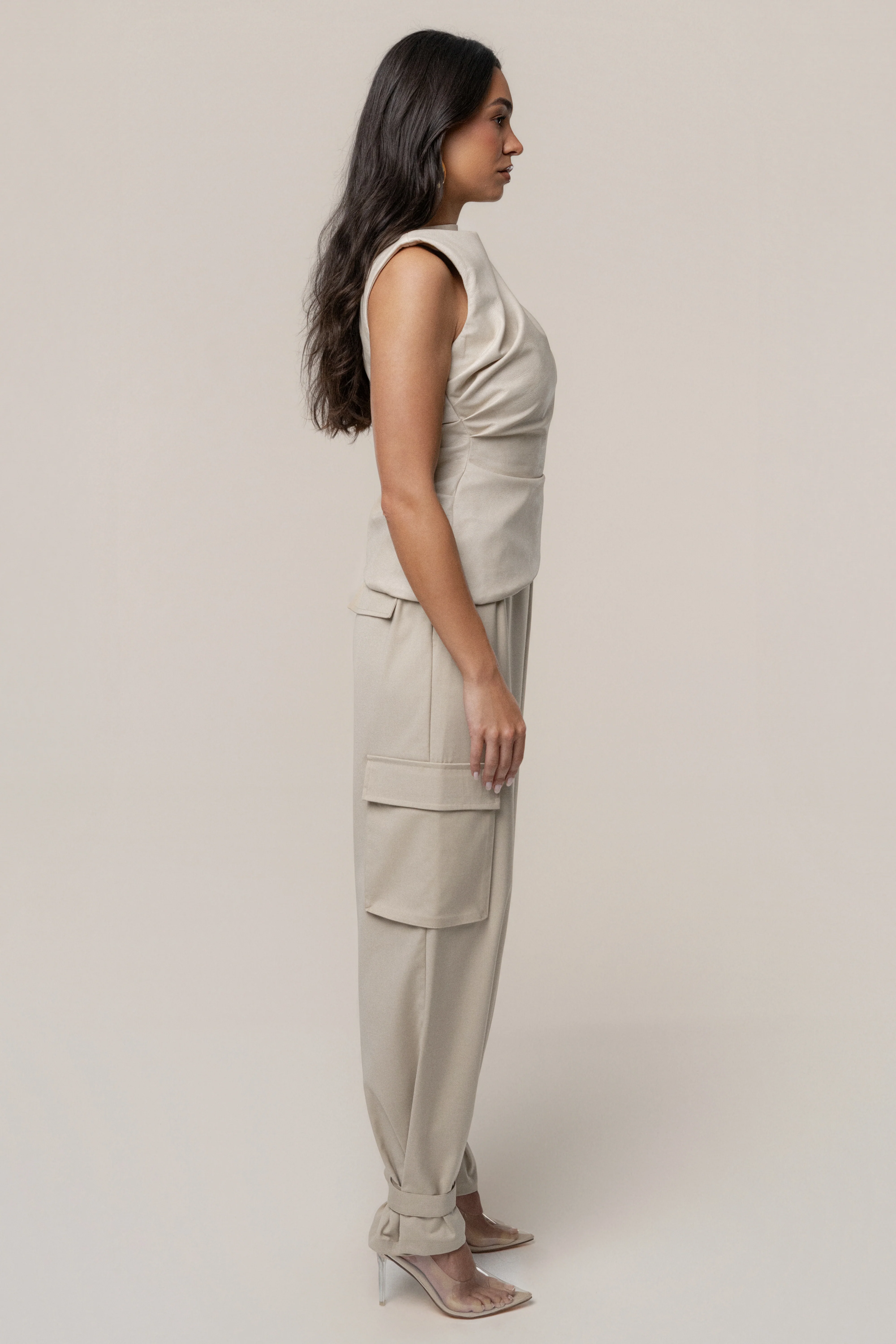 Beige Sleeveless Mock Neck Top