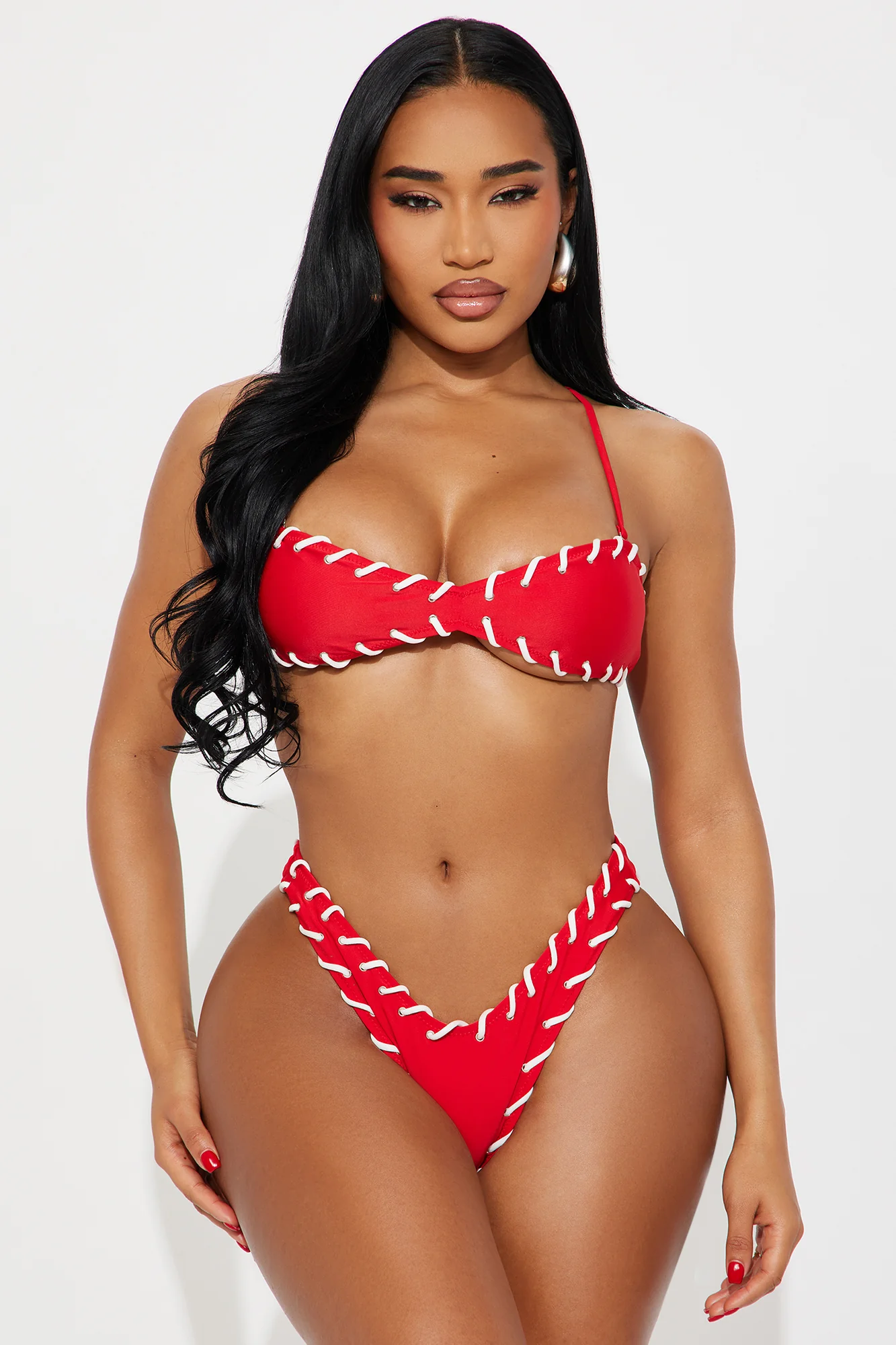 Ocean Wave Bandeau Whipstitch 2 Piece Bikini - Red