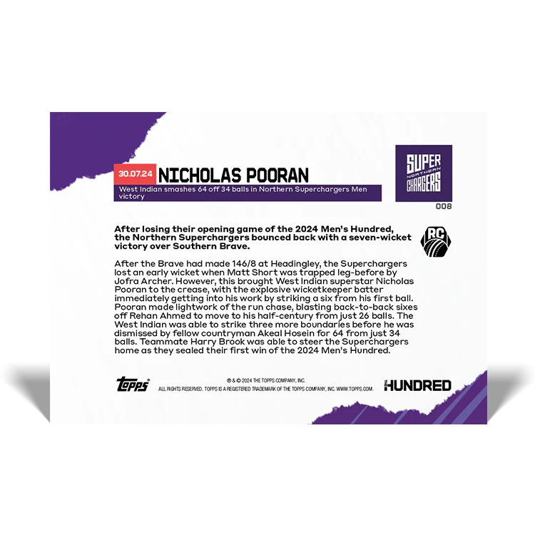 Nicholas Pooran - West Indian smashes 64 off 32 balls in Northern Superchargers Men victory - 2024 The Hundred TOPPS NOW® Card 8 - PR:32
