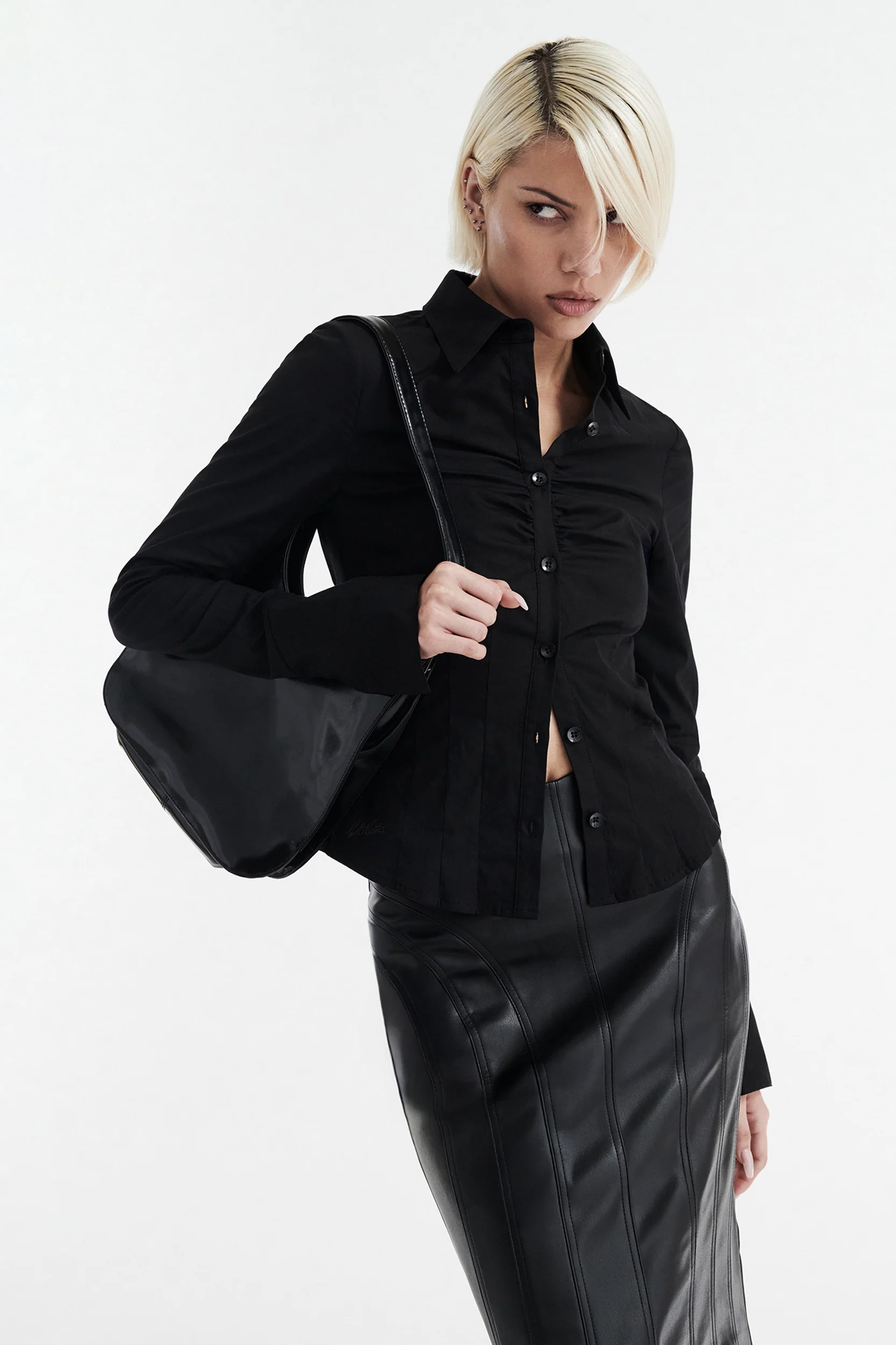 Zoe Long Sleeve Cotton Button Up Shirt - Black