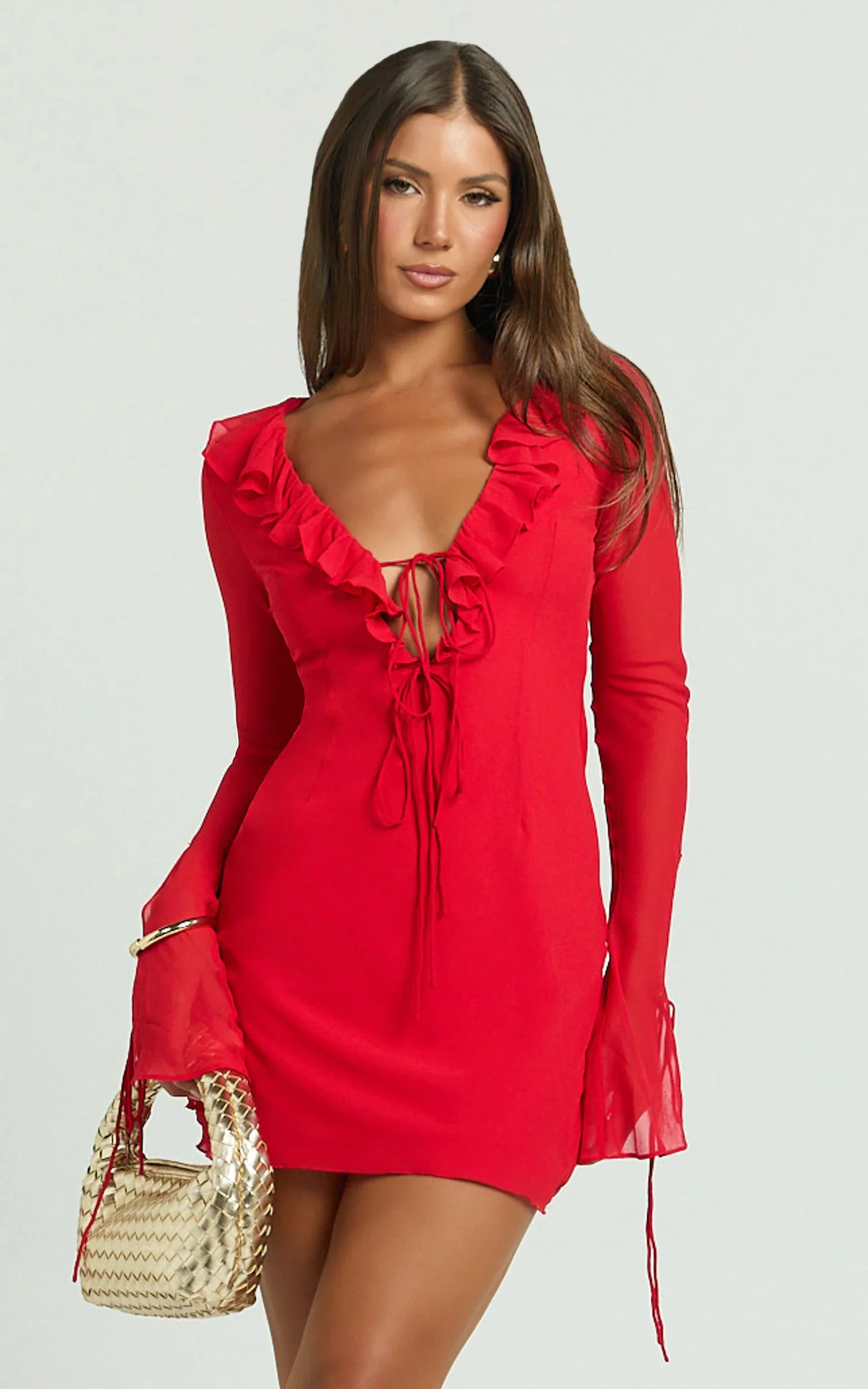 Alesya Mini Dress - Ruffle Plunge Neck Long Sleeve Tie Detail Dress in Red