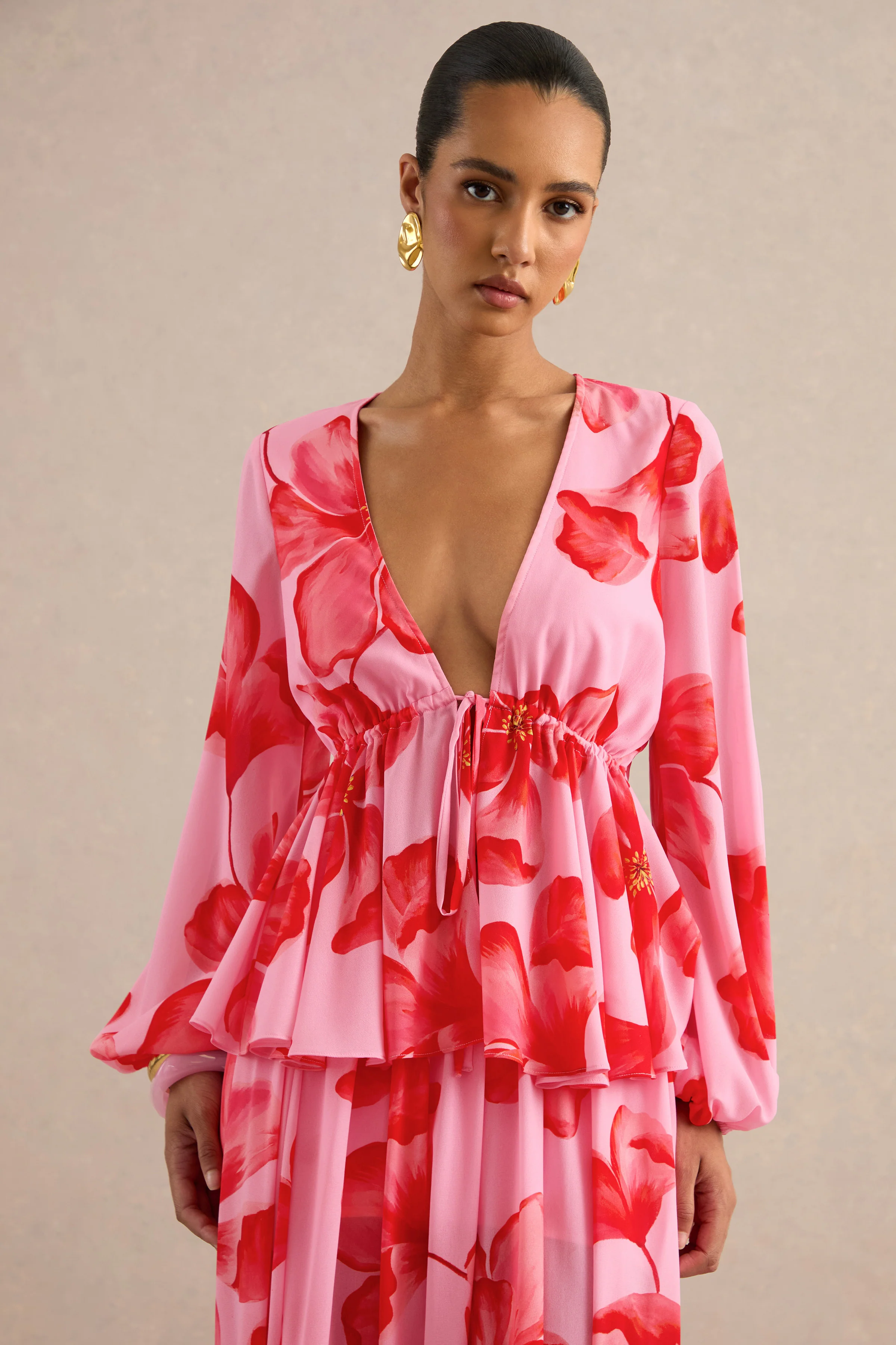 Asella | Pink Chiffon Plunge-Neck Front-Tied Top