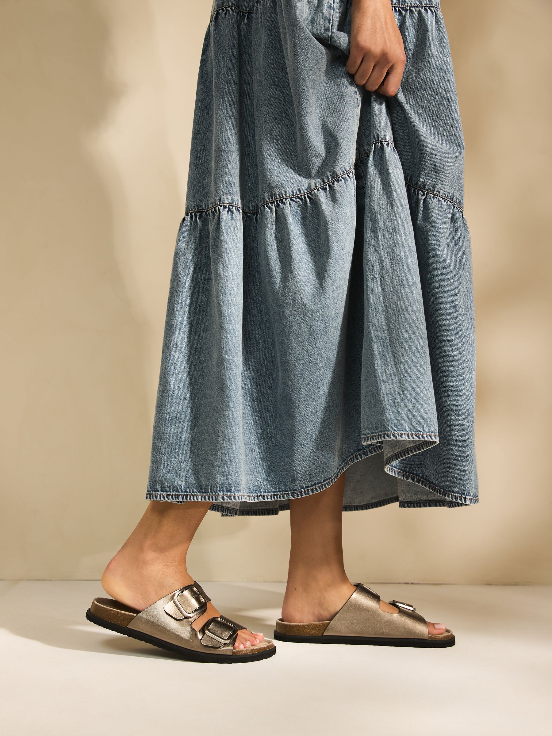 Silver Metallic Leather Standard Fit Double Strap Footbed Sandals
