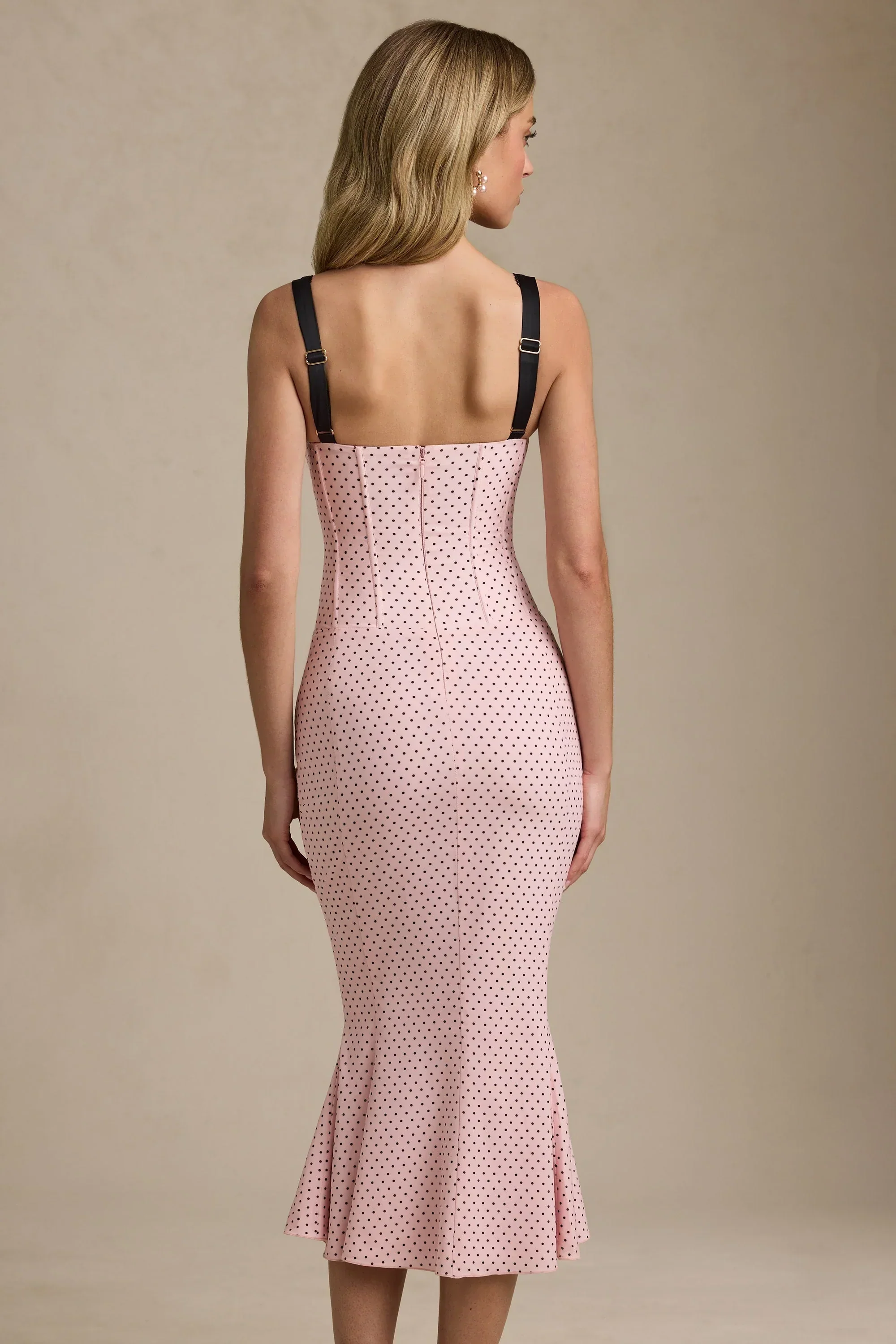 Layered Bra-Detail Fishtail Midaxi Dress in Pink Polka Dot