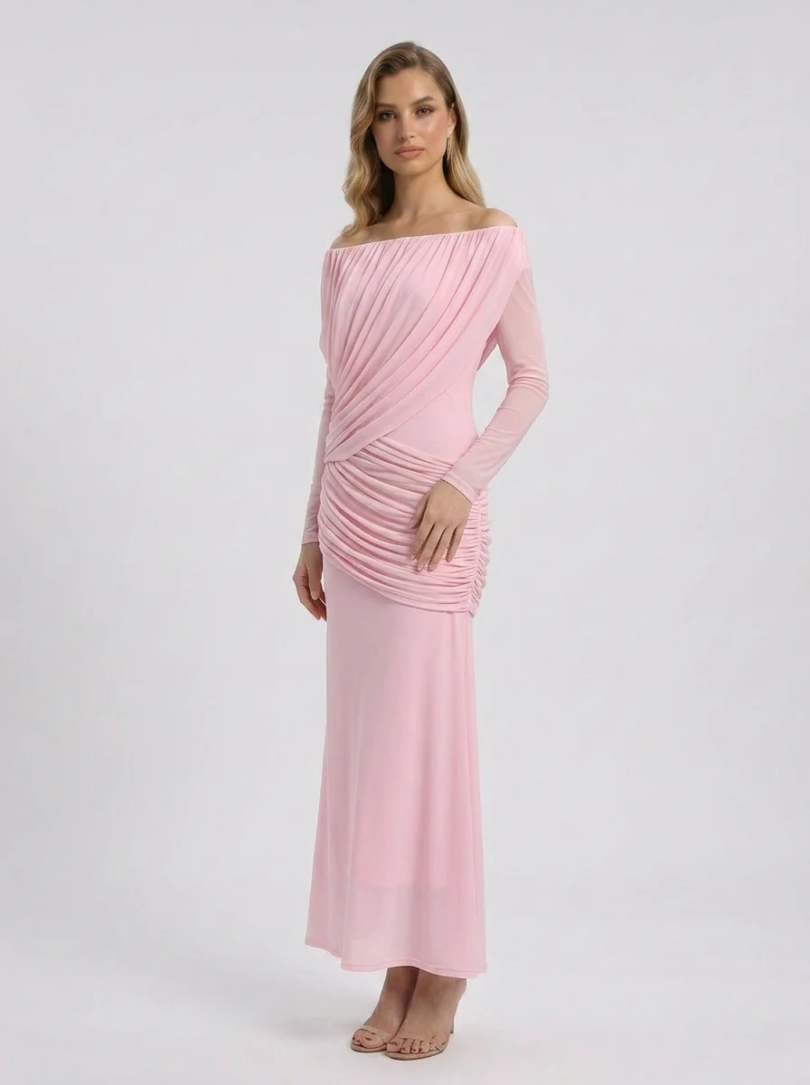 Crystal | Women's Off Shoulder Ruched Long Sleeve Maxi Wedding Guest Dress