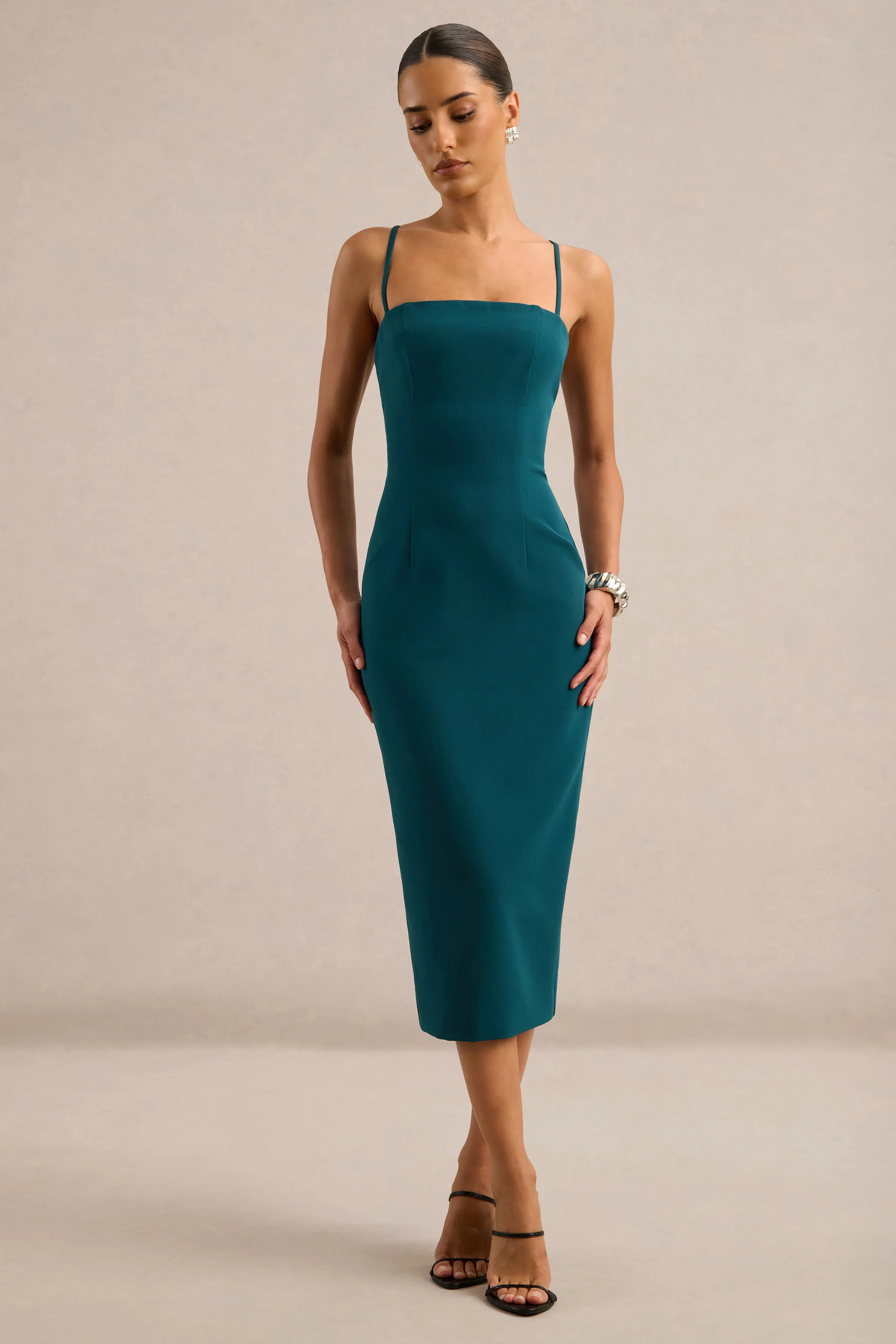 Celandia | Teal Round Neck Midi Dress With Detachable Cape And Back Split