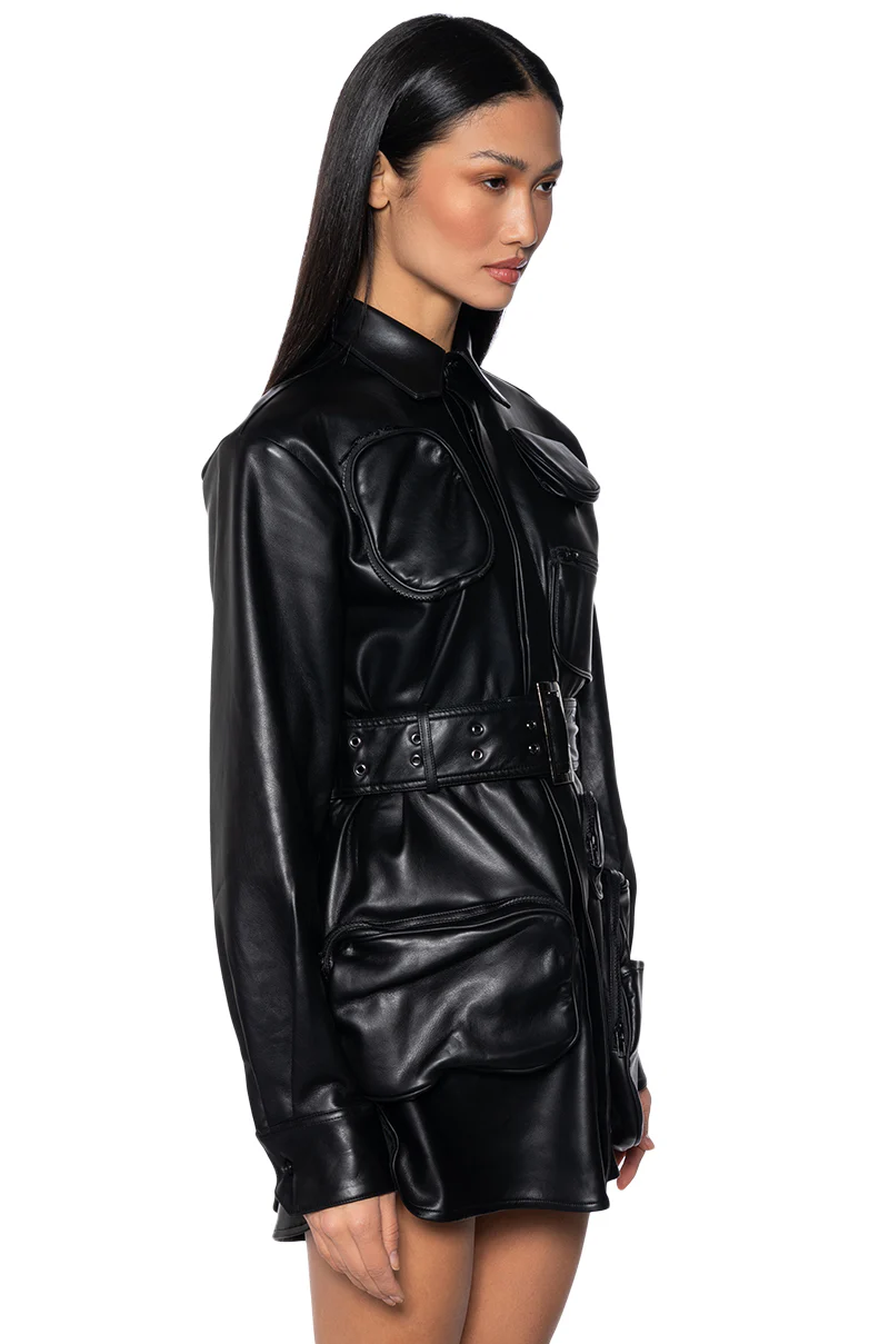Caspian Faux Leather Belted Utility Mini Dress