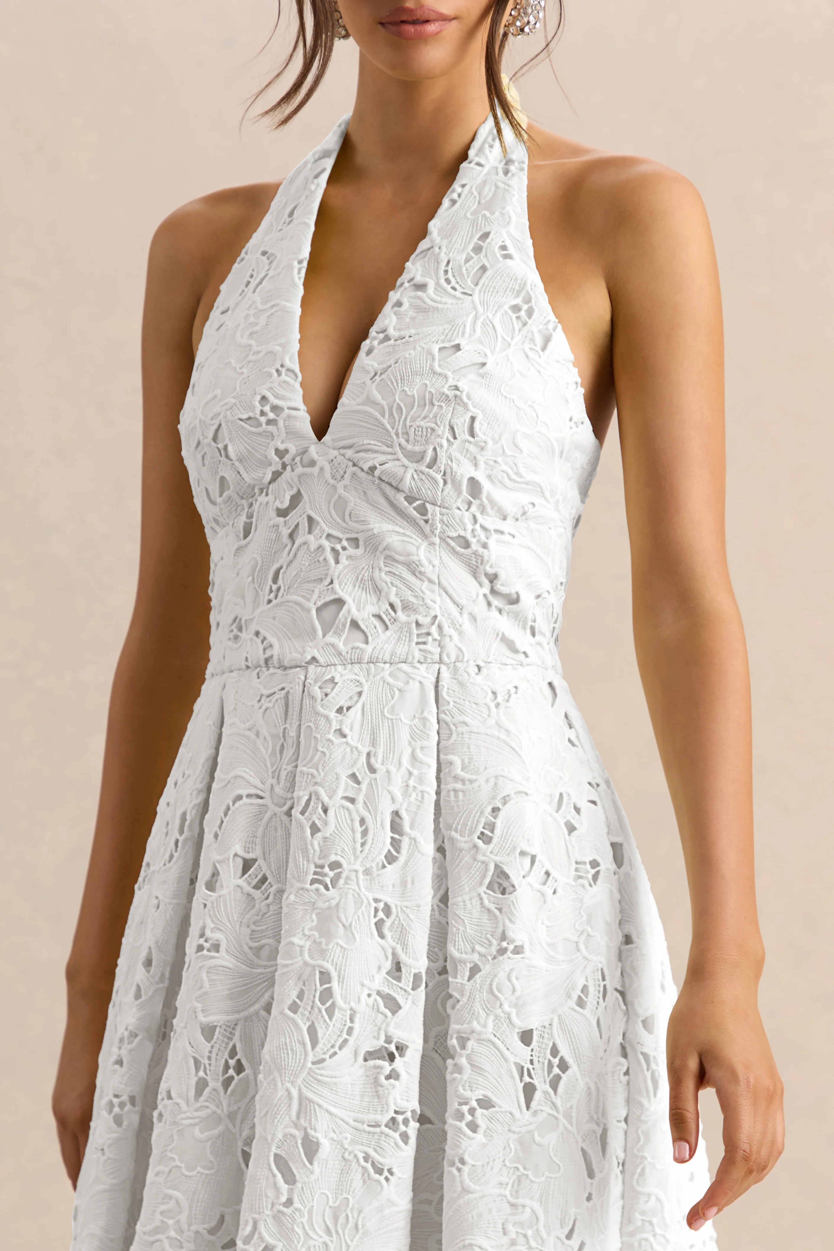 Maribel | White Lace Plunge-Neck Midi Dress