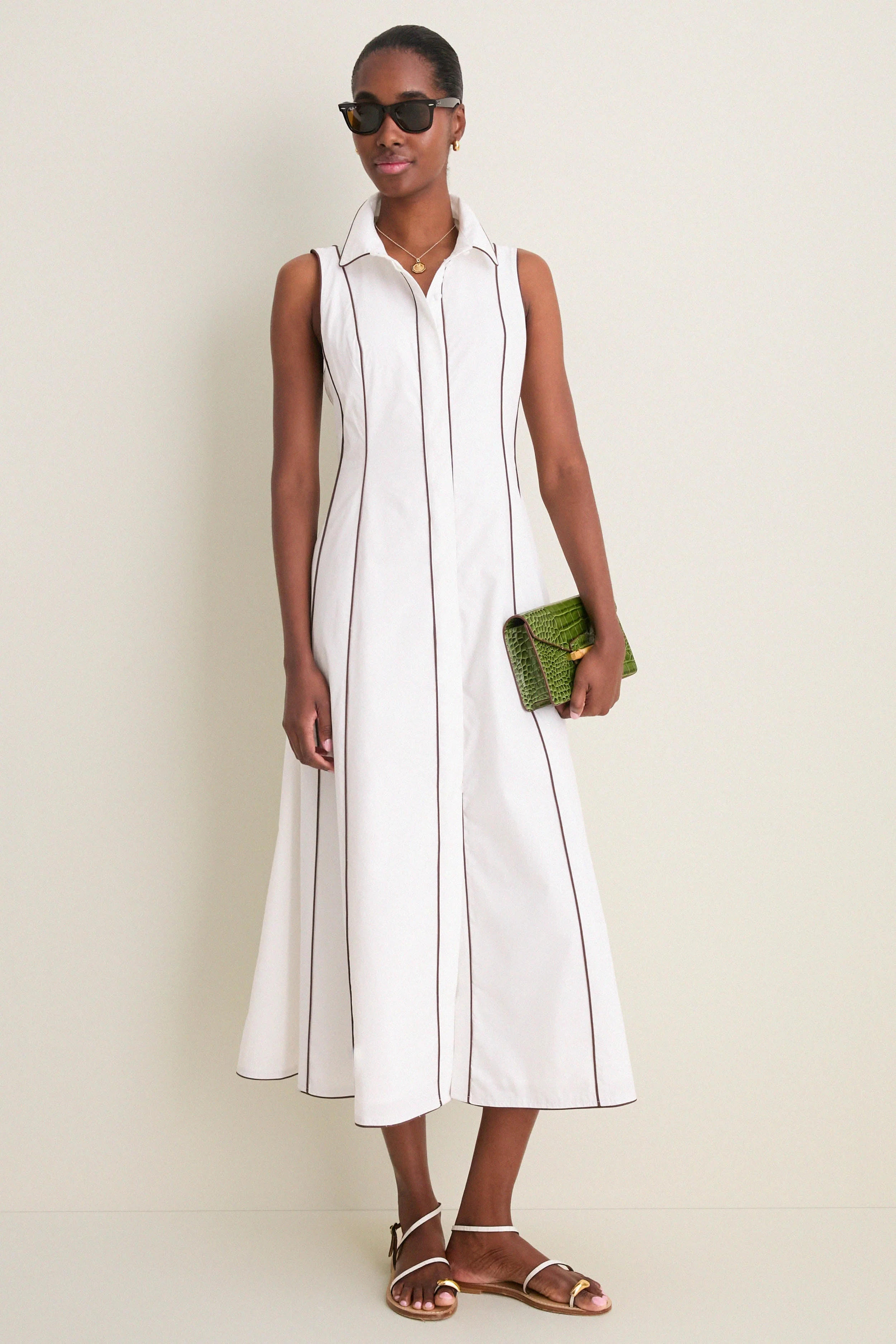 White With Chestnut Piping Fontaine Dress