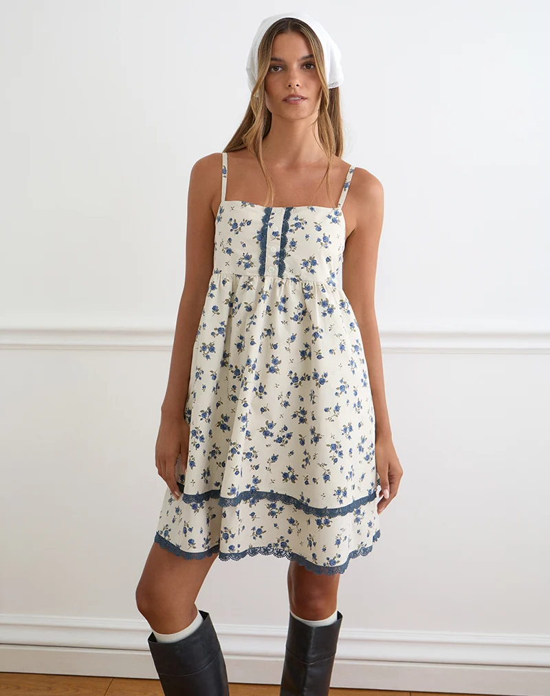 Gal Mini Dress in Ditsy Leaf Rose Navy